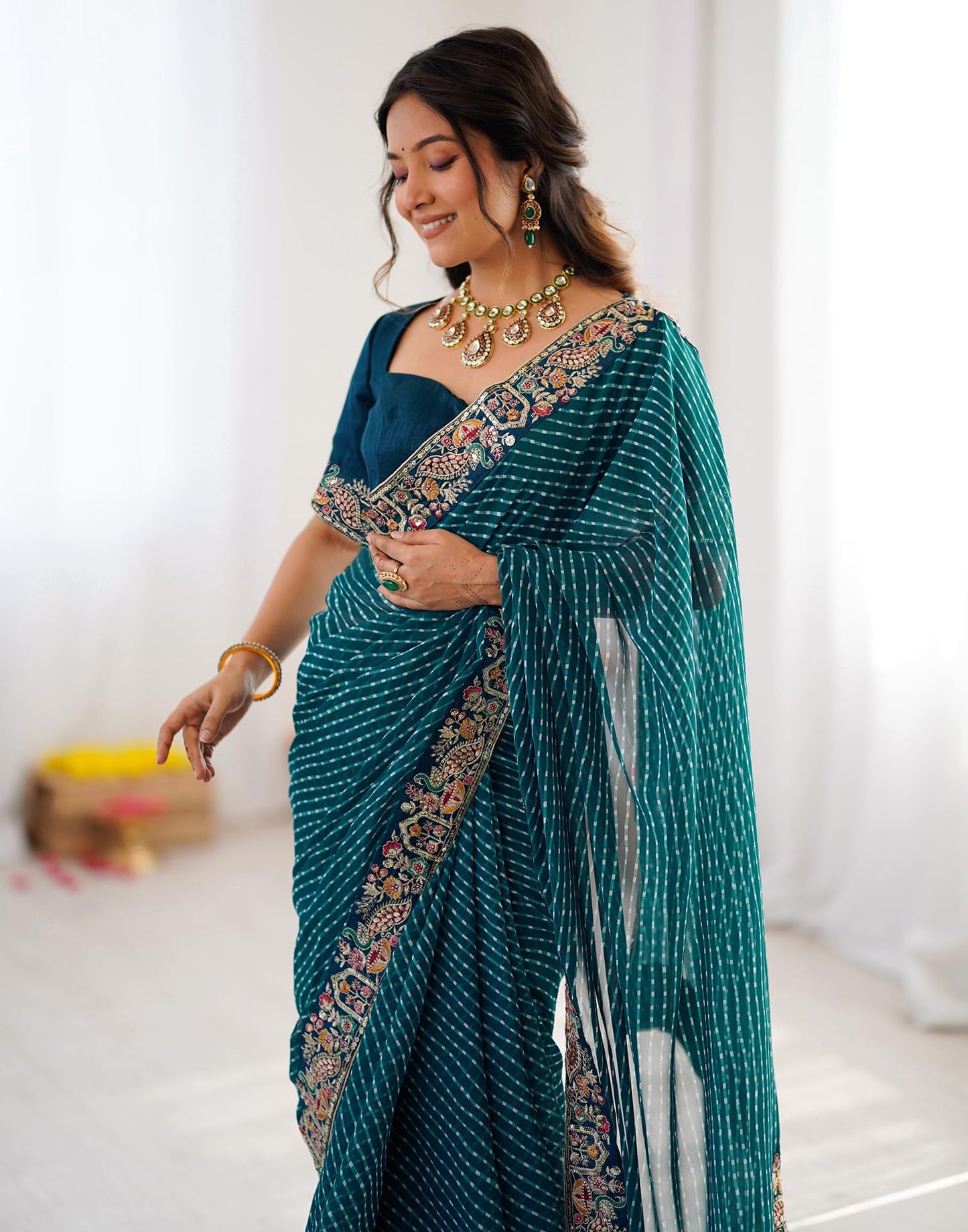 SIRIL Women's Georgette Leheriya Printed Sequence Embroidery Lace Saree With Embroidery Unstitched Blouse Piece (4863S194_Teal Blue)