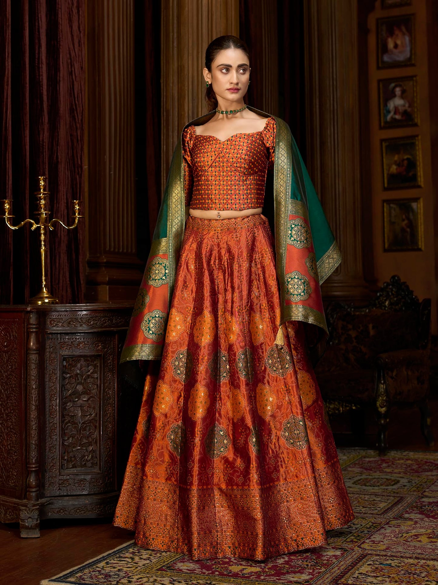 PURVAJA Women's Kanjiwaram Semi-Stitched Lehenga choli (Bahaar-Rust_Free Size)