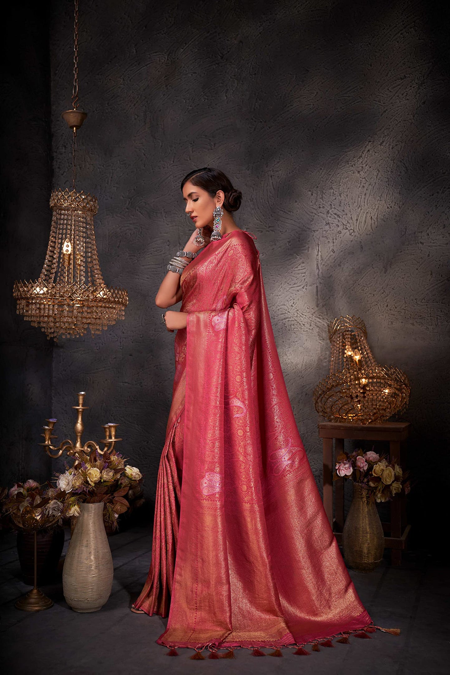 Vardha Women's Kanchipuram Art Silk Saree with Unstitched Blouse Piece - Gold Copper Silver Zari Woven Work Sarees (Ayana Silk_537)