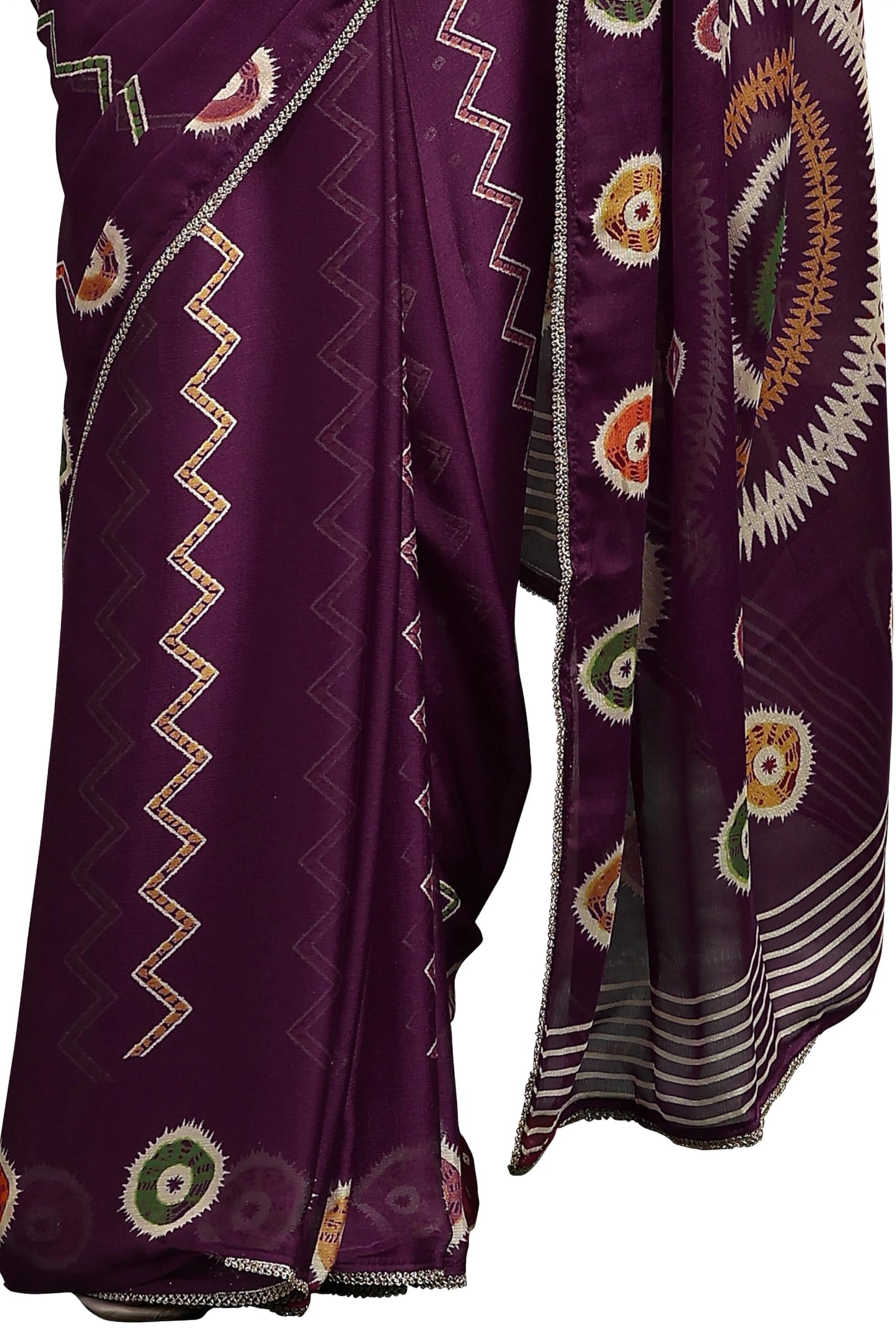MIRCHI FASHION Women's Chiffon Chevron Block Printed Saree with Blouse Piece (50724 - Dark Magenta, Multicolor)