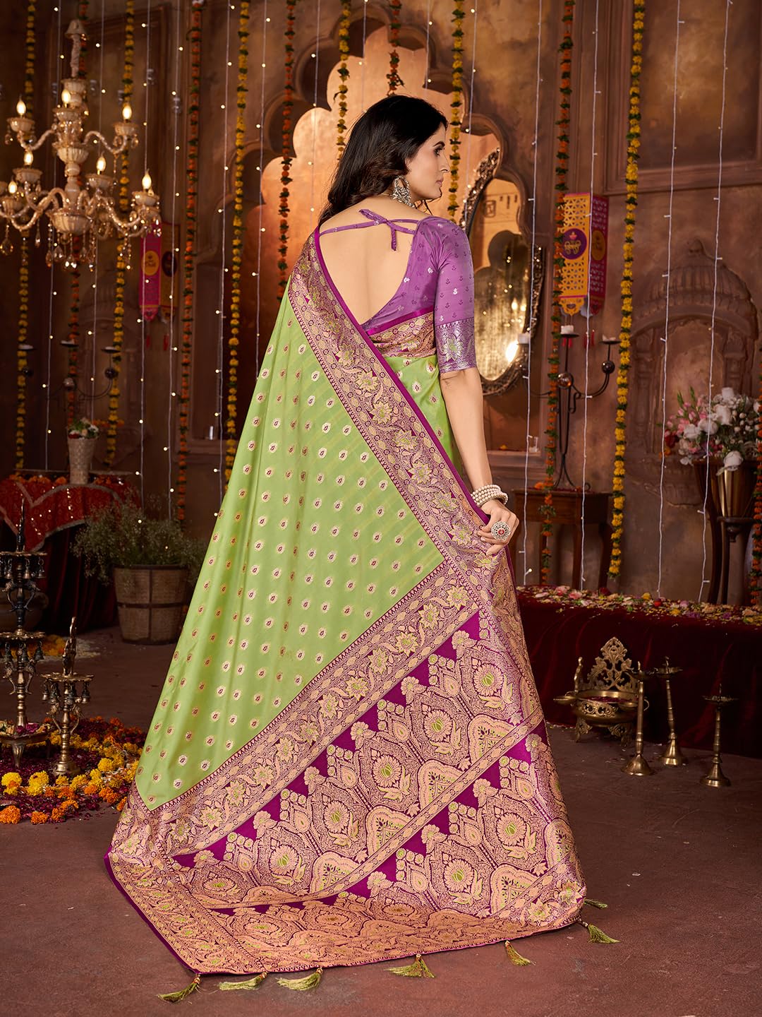 Mehrang Women Ethnic Saree, Silk Blend, Green With Pink Embroidery And Motifs, 6 Metres