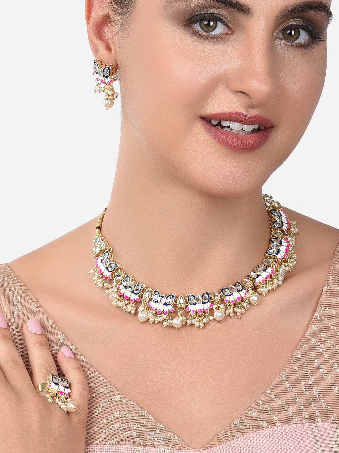 ZAVERI PEARLS Blue & Pink Meenakari Lotus Design Choker Necklace Earring & Ring Set For Women-ZPFK14435