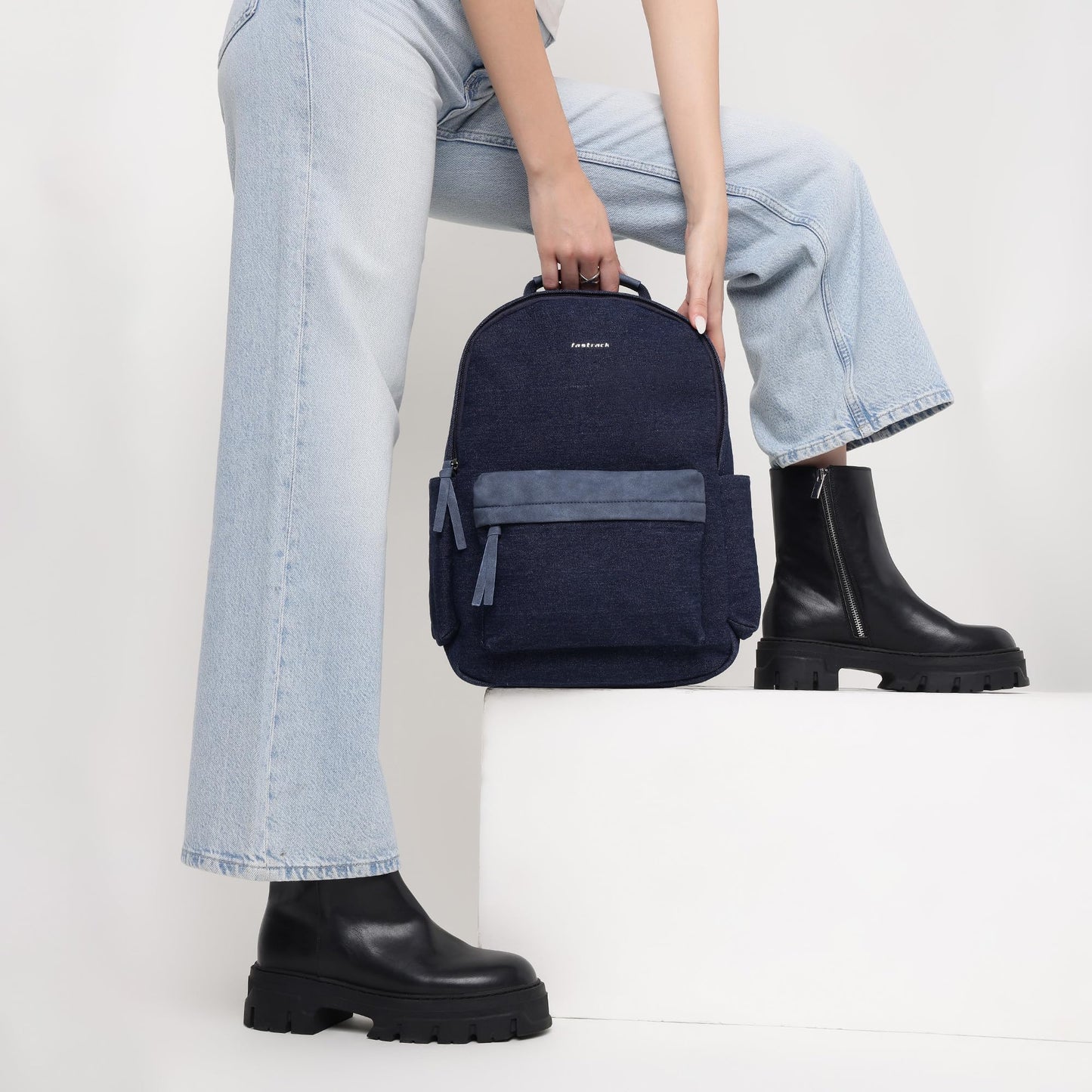 Fastrack True Denim backpack | 14-Inch Laptop Compatible | Sturdy Build | Dual Bottle Holders | Organizer Pocket | Zipper Closure | Natural Indigo Denim (Color May Transfer) | 6-Month Warranty