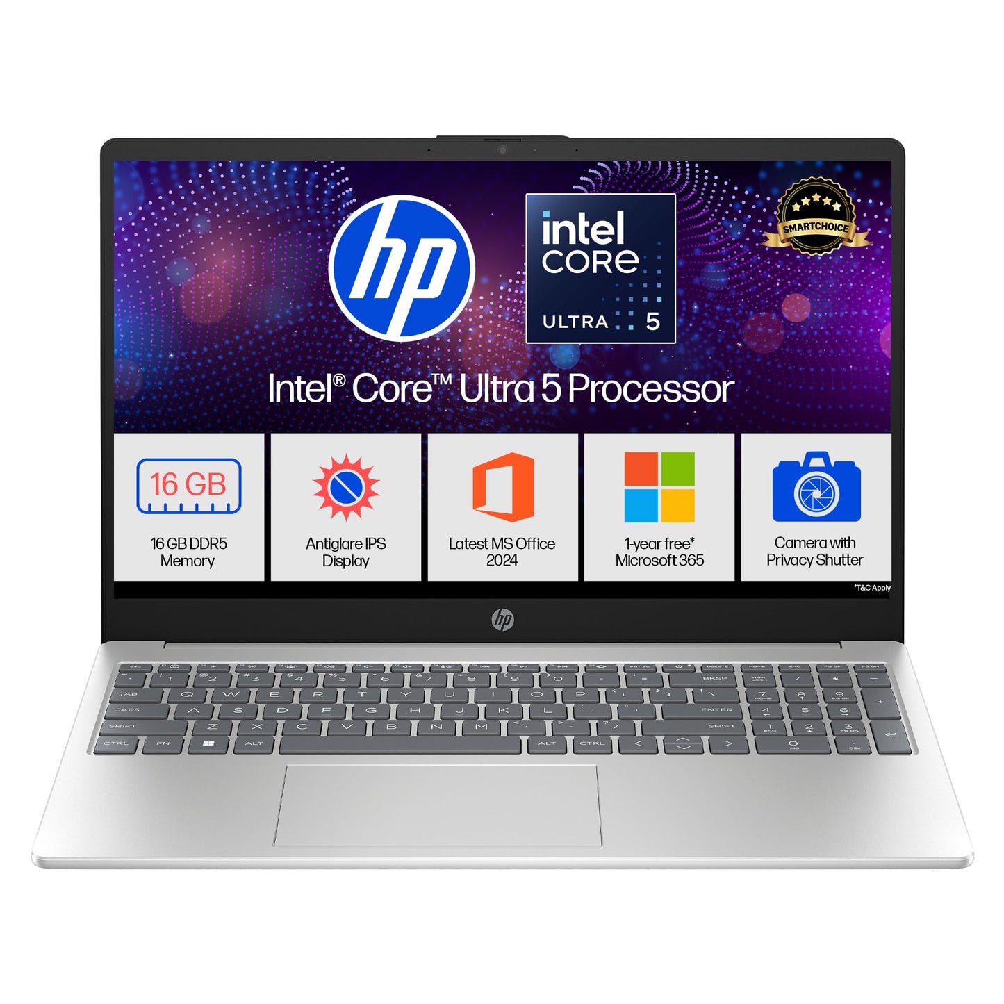 HP 15, Intel Ultra 5 125H, 12 Tops (16GB DDR5, 512GB SSD) FHD, IPS, 15.6''/39.6cm, Win11, M365 Basic(1yr)* Office24, Silver, 1.65kg, fd1254TU, Intel Graphics, FHD Camera w/Shutter, AI Powered Laptop