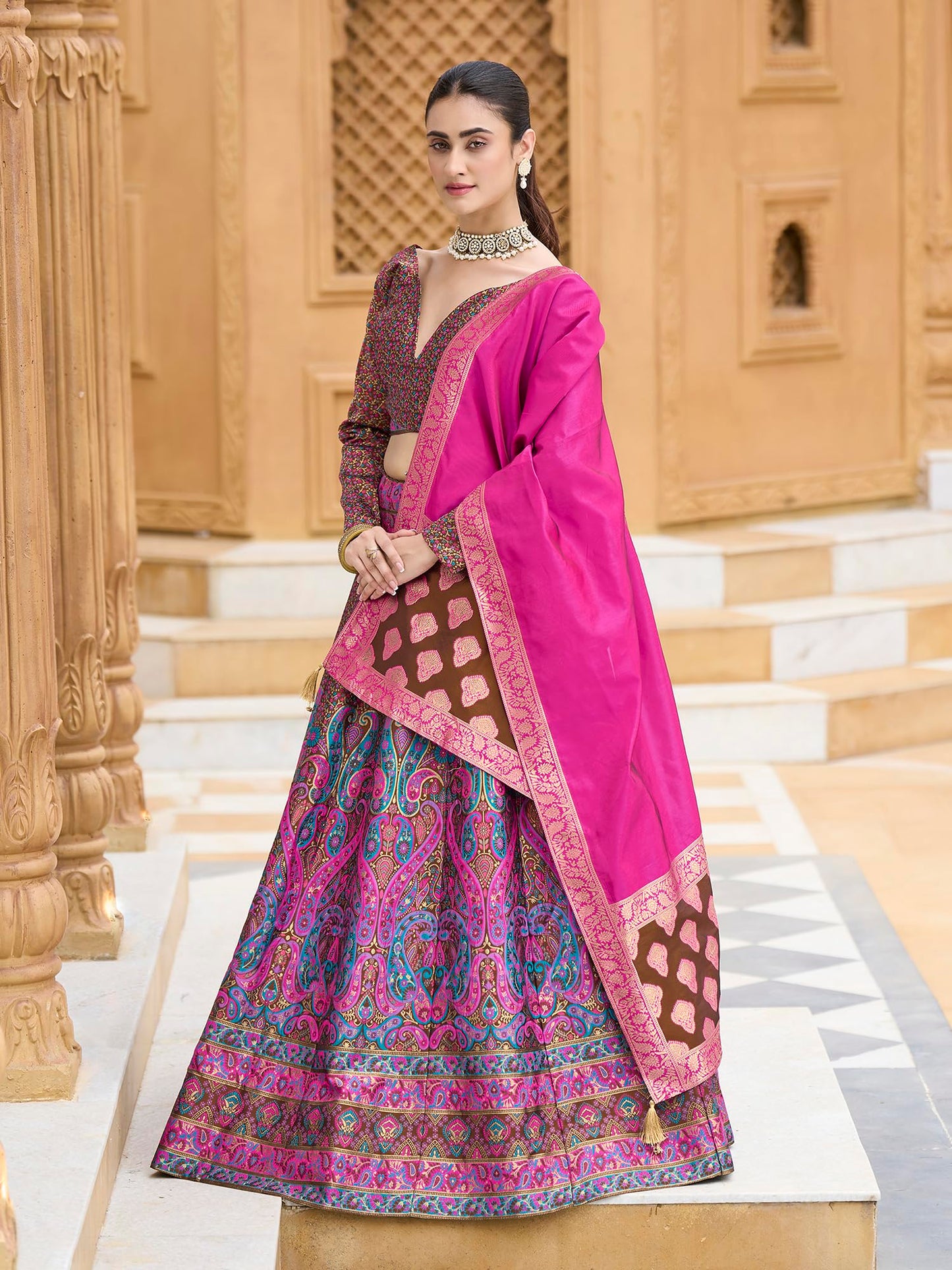 PURVAJA Women's Kanjiwaram Semi-Stitched Lehenga choli (Zahira-Brown_Free Size)