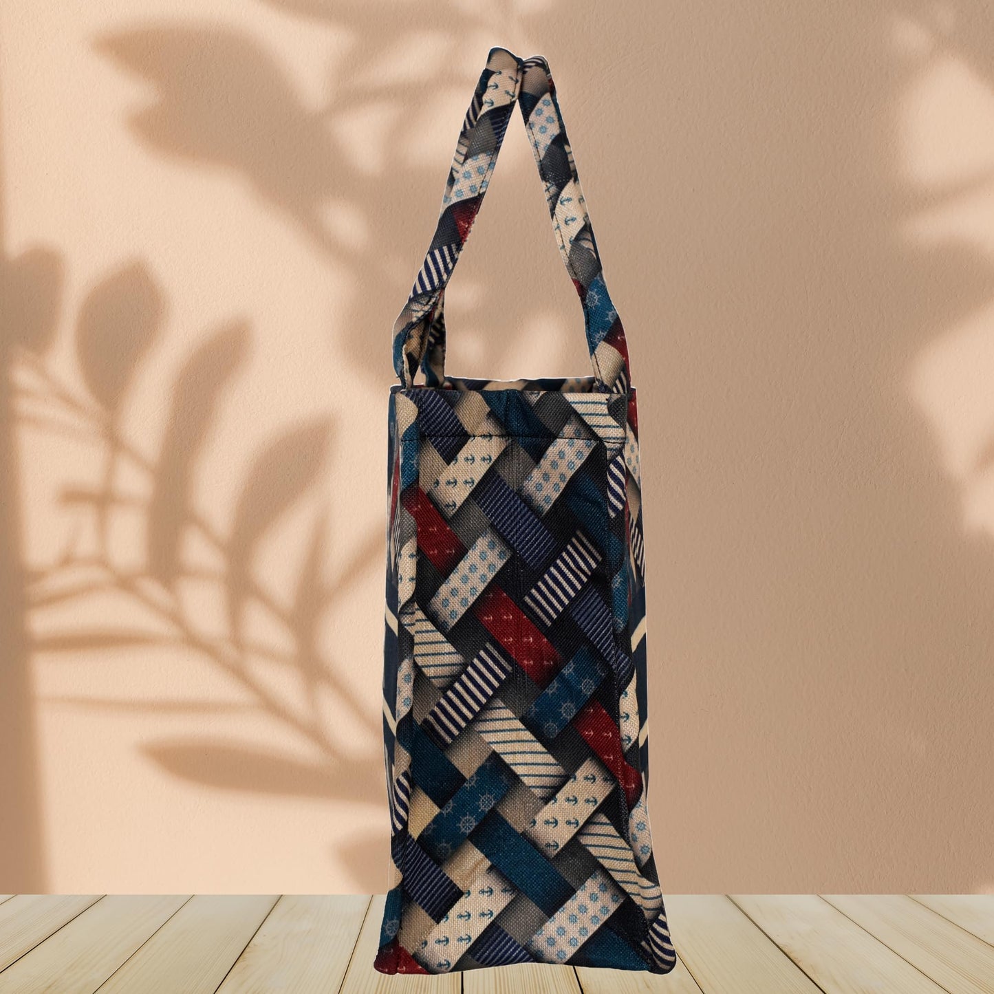 LX LEKHX Designer Tote Bag for Women | Premium Laminated Jute Canvas Handbag with Geometric Print | Stylish Spacious Office, College, Travel & Laptop Bag (Fits 16 Inch) (Multicolor-Blue)