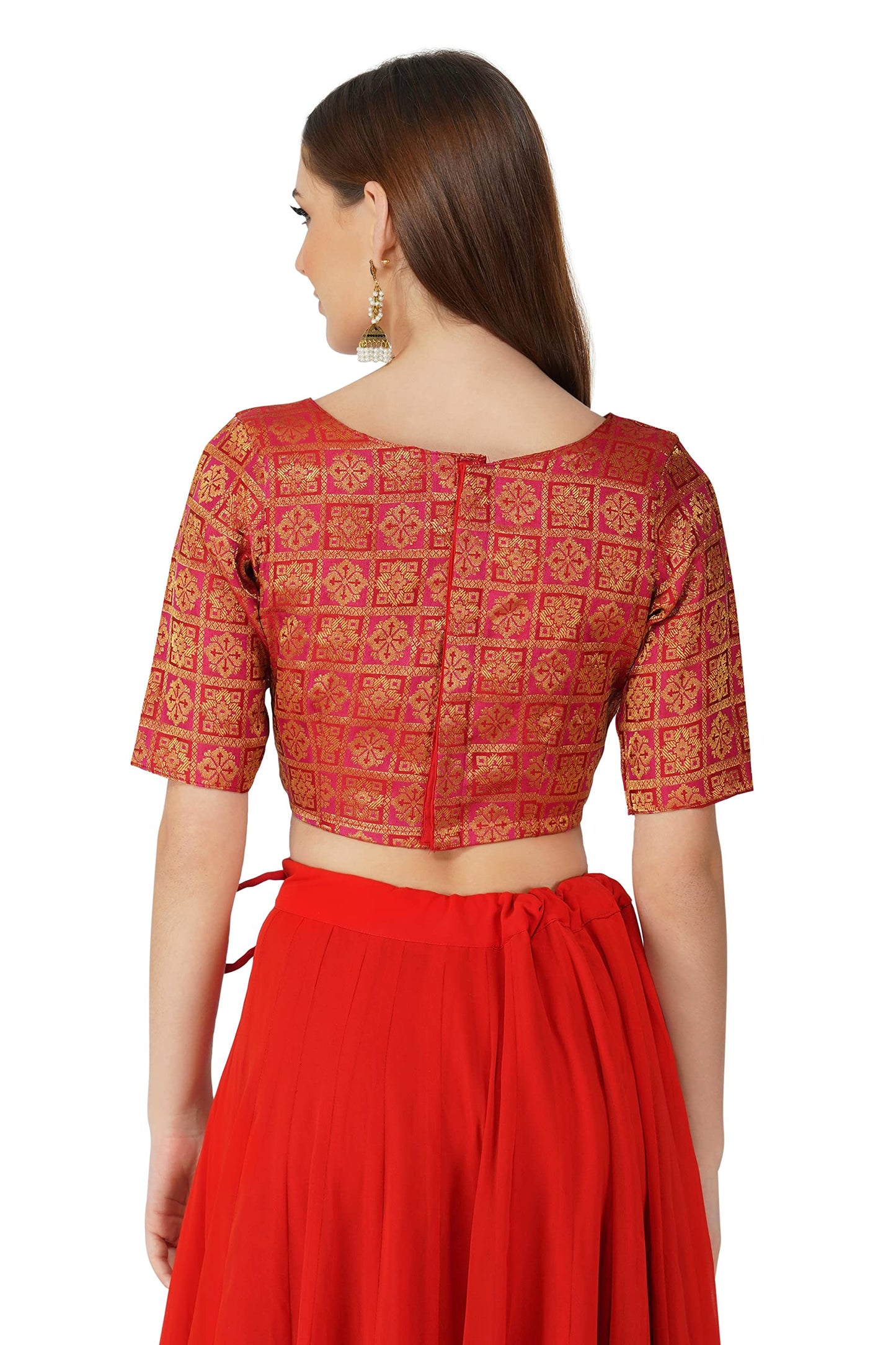 Fressia Fabrics Women's Ikkat Pattern Jacquard Boat Neck Readymade Blouse for Women (38, Persian red)