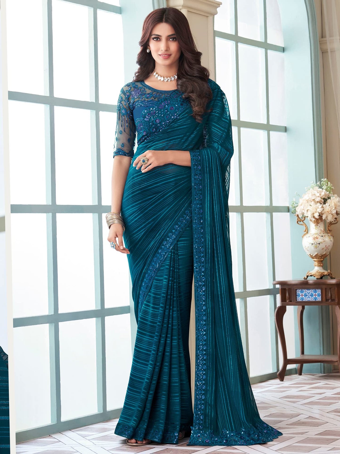 AKHILAM Women's Georgette Embellished Designer Saree With Blouse Piece (Teal blue_SILVER27010_TFH)