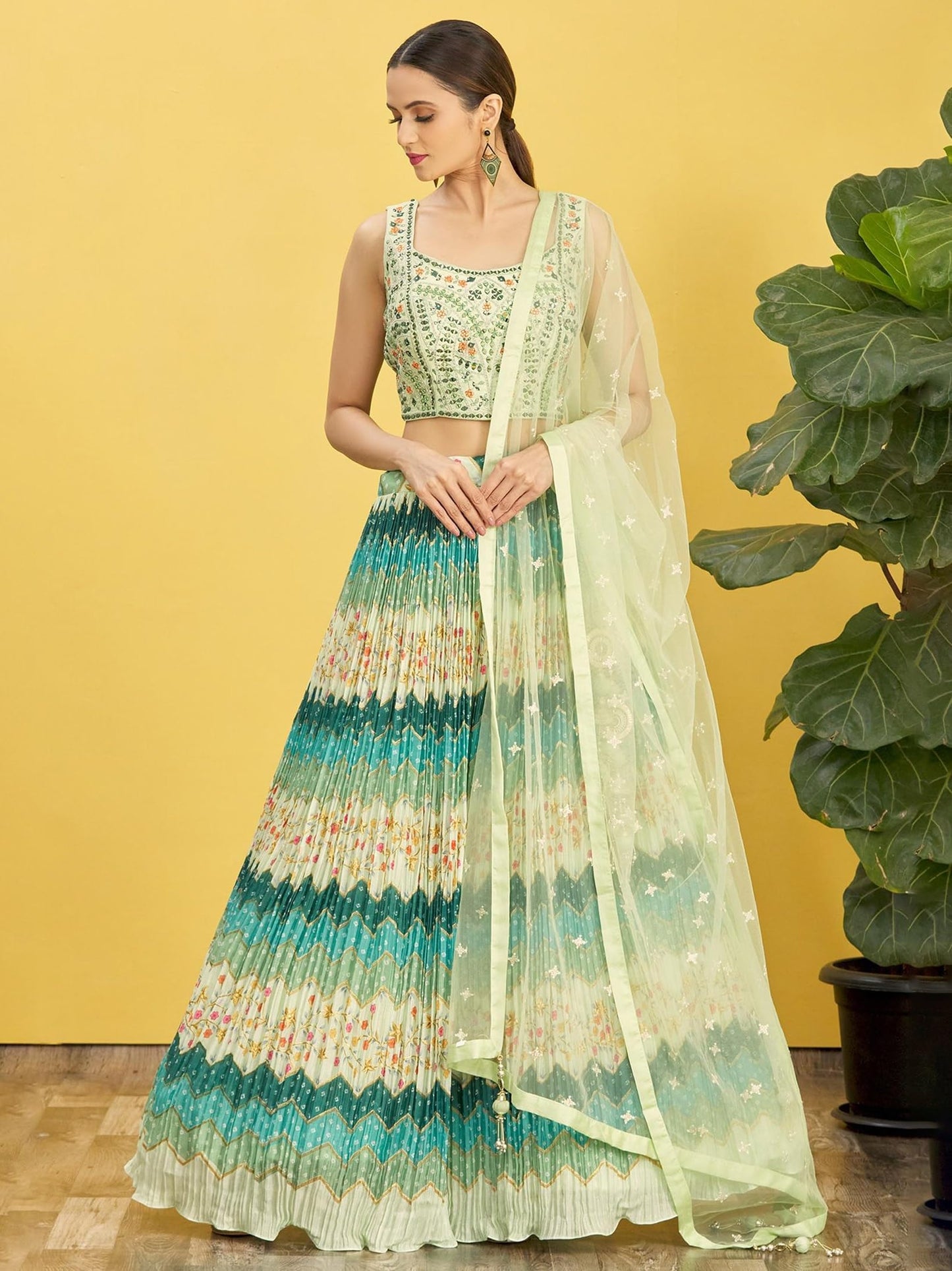 Zeel Clothing Women's Chinon Silk Embroidered Mirror Work Lehenga Choli with Dupatta (116-Green-Wedding-Bridal-Latest-New; Free Size; Green)