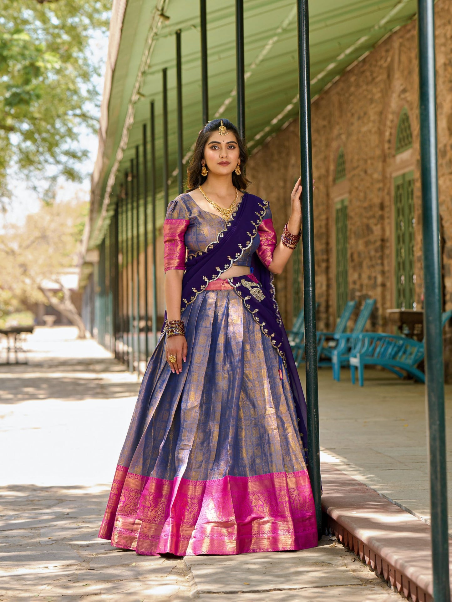 LooknBook Art Women's Solid Pattern Jacquard Silk Lehenga Choli Dupatta Set with Unstitched Blouse Piece and Zari Weave Type
