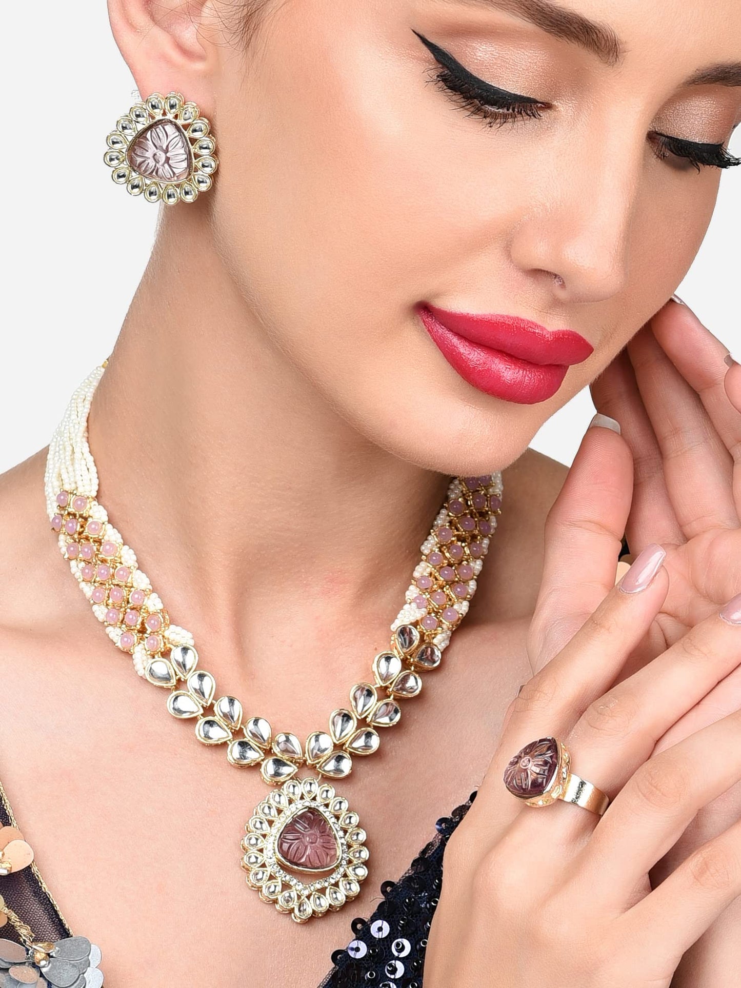 ZAVERI PEARLS Pink Purple Stones Embellished Kundan Necklace Earring & Ring Set For Women-ZPFK15937