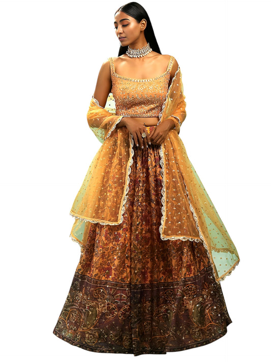Zeel Clothing Women's Chinnon Silk Embroidered Semi-Stitched Lehenga Choli with Dupatta (106-Yellow-Wedding-Bridal-Latest-Lehenga; Free Size)