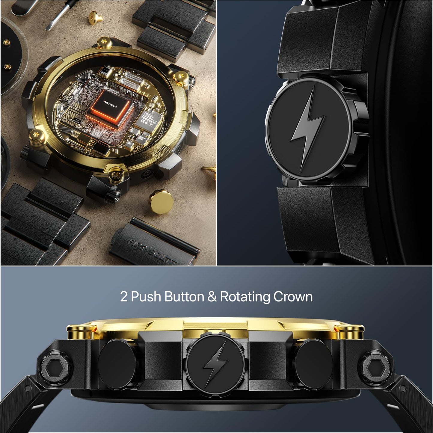 Fire-Boltt Dominian 36.3mm (1.43 inch) AMOLED Display, Stainless Steel Design, 466 * 466 px Resolution, Bluetooth Calling, Multiple Sports Modes, Health Mode, IP67, Weather Updates (Black Gold)