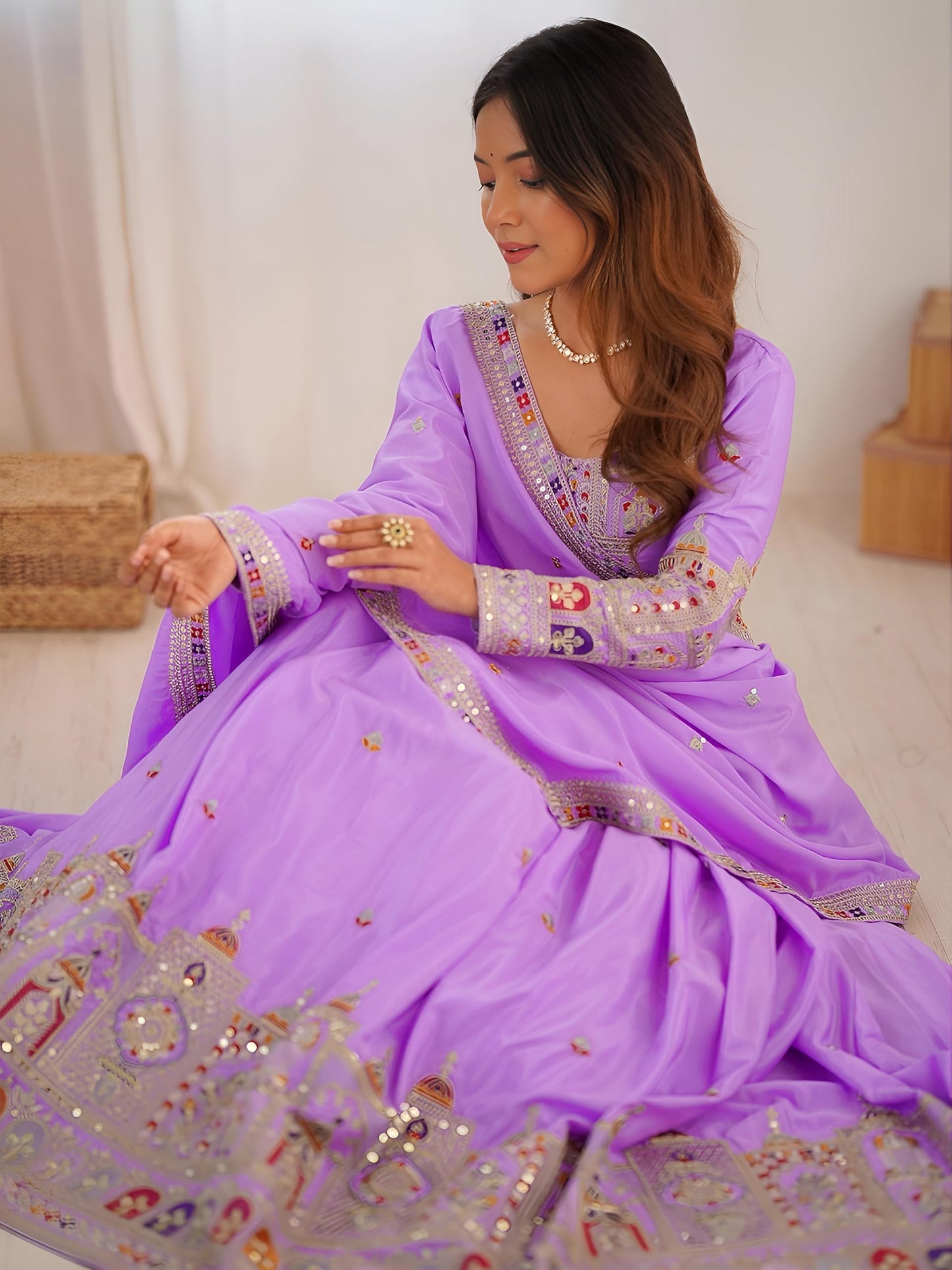 Zeel Clothing Women's Sequins Thread Embroidered French Crepe Lehenga Choli With Dupatta (5118-Lavender-Women-Lehenga-Choli-Latest; Free size) (Lavender)