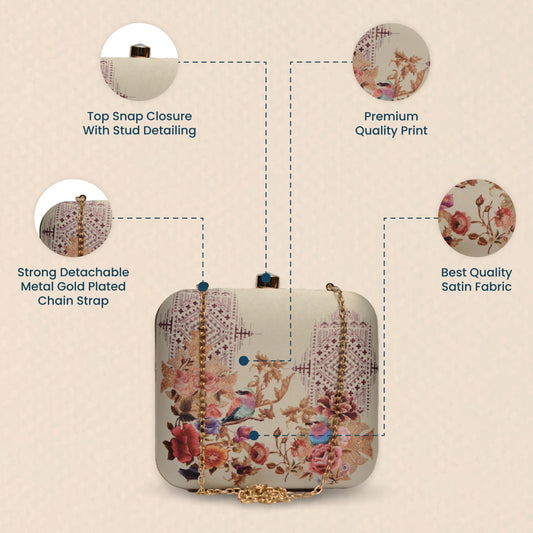 Artklim Women’s Birds Floral Printed Clutch Bag | Stylish Ethnic Ladies Evening Handbag for Party, Casual Outings and Bridal Use | Box Style Clutch Purse with Detachable Metal Chain Strap (Cream)