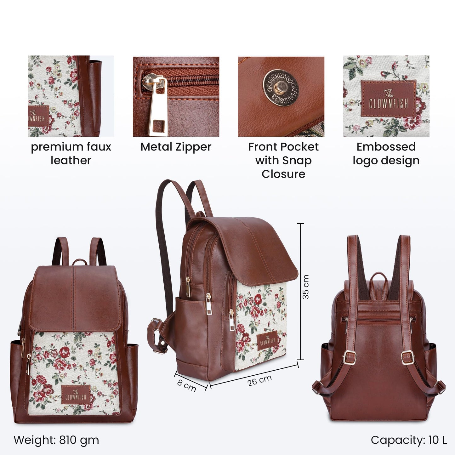 THE CLOWNFISH Medium Size Minerva Faux Leather & Tapestry Women's Standard Backpack College School Bag Casual Travel Standard Backpack For Ladies Girls (White- Floral), 10 Litre