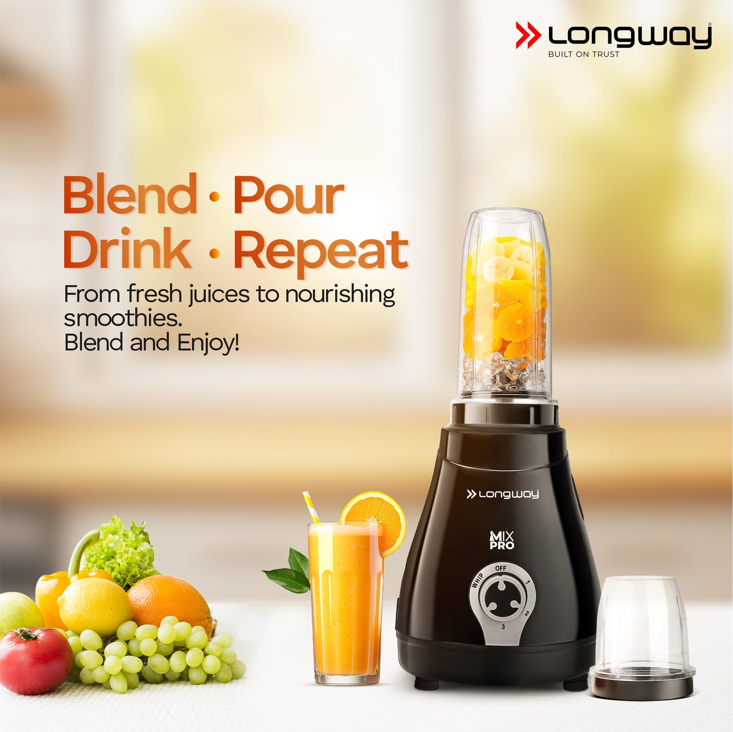 Longway Mix Pro 550 Watt Mixer Grinder with 4 Jars for Grinding, Mixing, Blending, Juicing with Powerful Motor (Black & Gray,4 Jars)