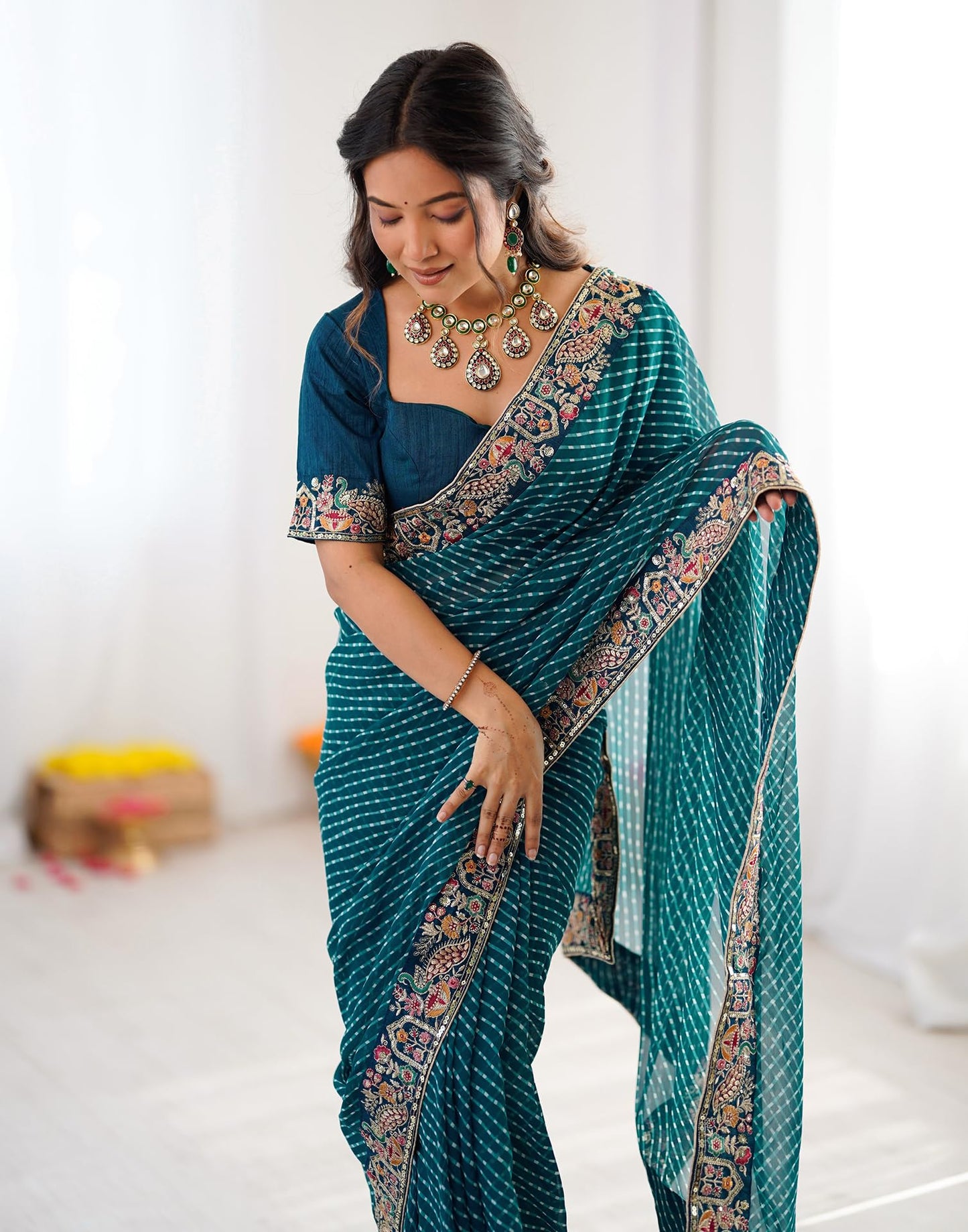 SIRIL Women's Georgette Leheriya Printed Sequence Embroidery Lace Saree With Embroidery Unstitched Blouse Piece (4863S194_Teal Blue)