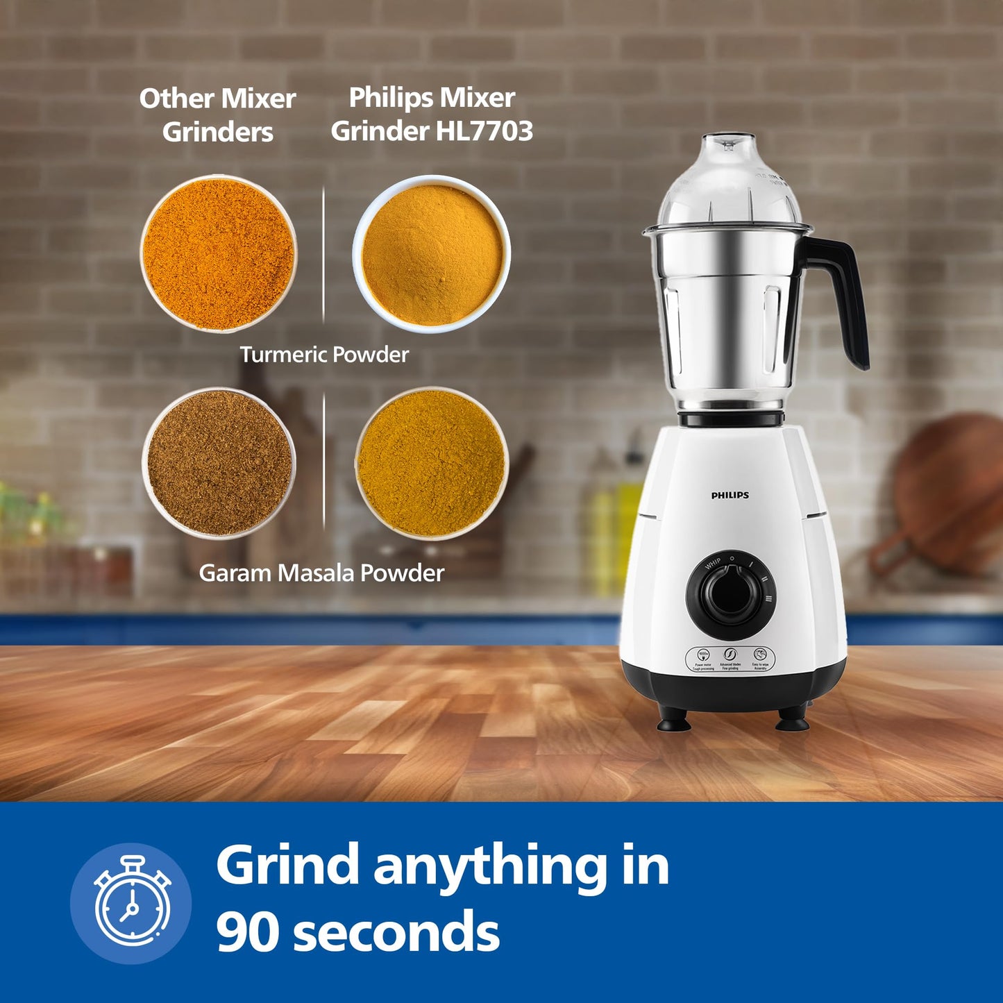 Philips HL7703/00 1000 Watt Mixer Grinder Copper Motor, 4 Jar with 5 Year Warranty on Motor