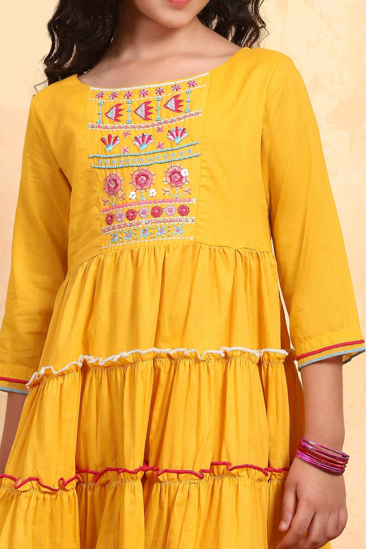 Biba Girl's Yellow Cotton Tiered Solid Suit Set