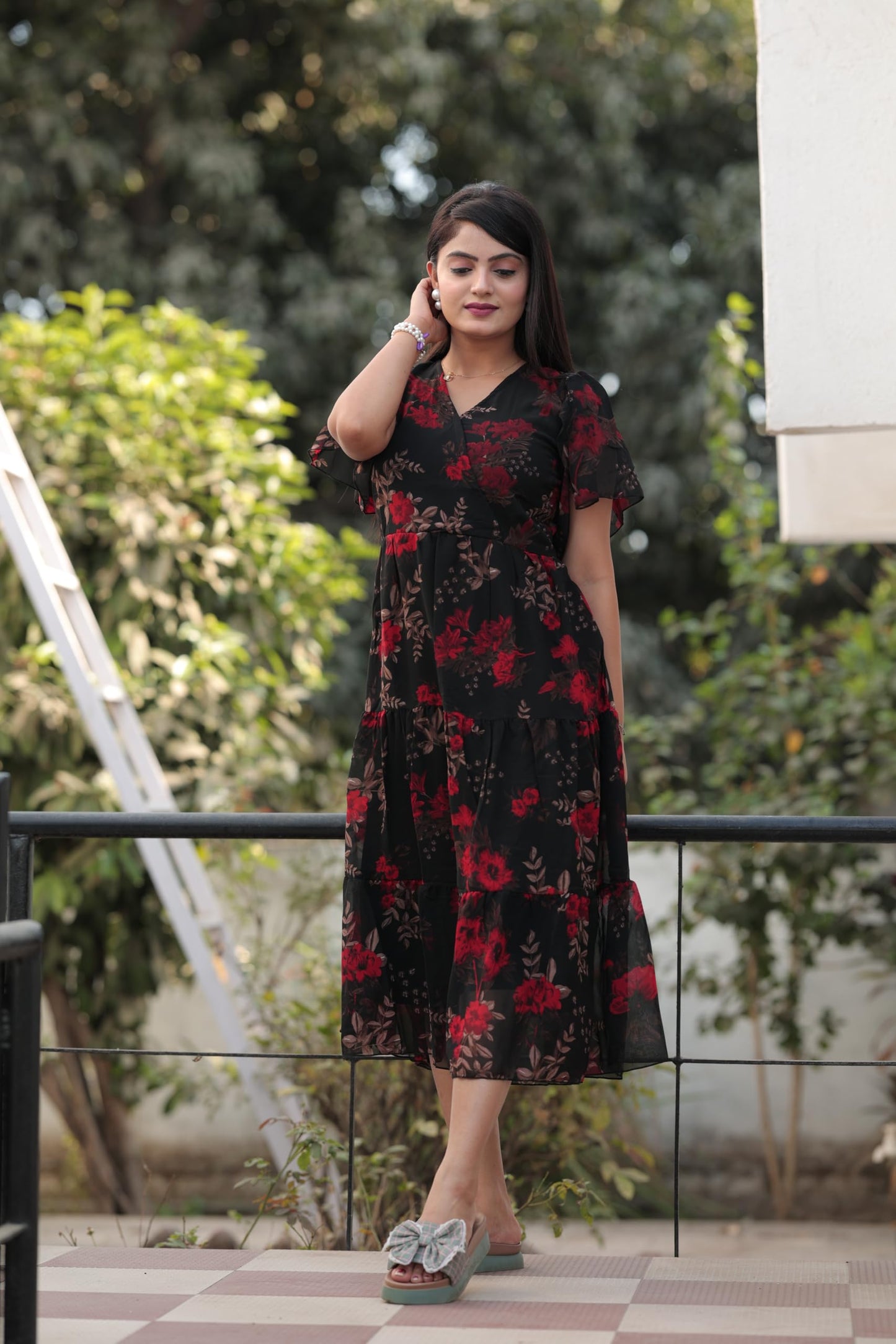 HOSI Georgette Fit and Flare Below The Knee One Piece Maxi Dresses Midi Dress for Women Black