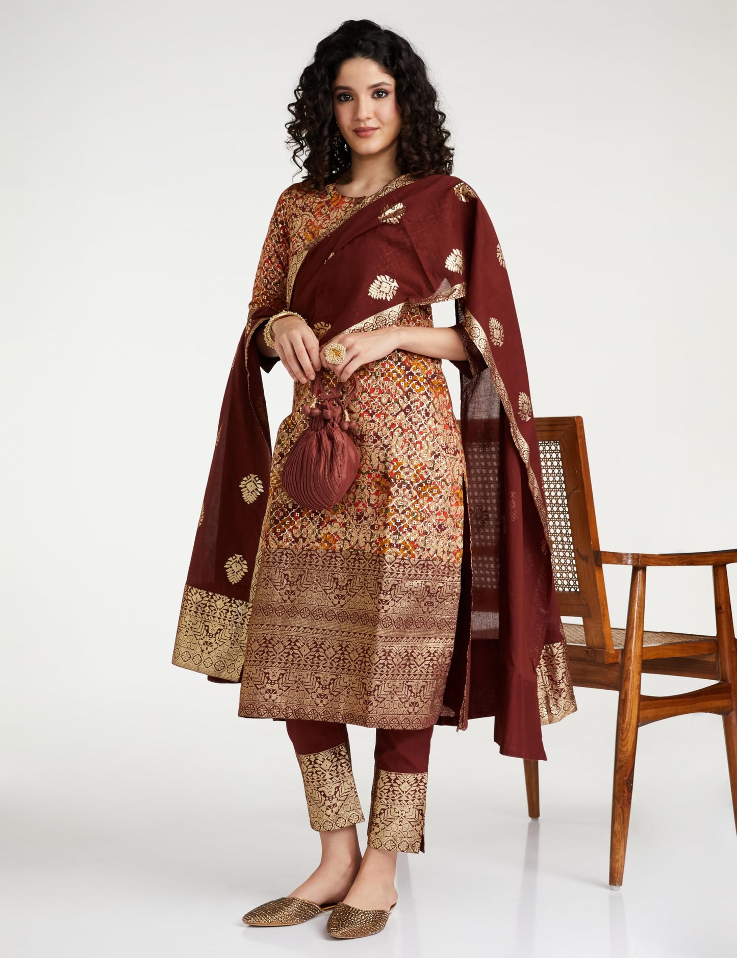 BIBA Cotton Women Printed Relaxed Salwar Kurta Dupatta (Skddurgotsa7566_Choco Brown_32)