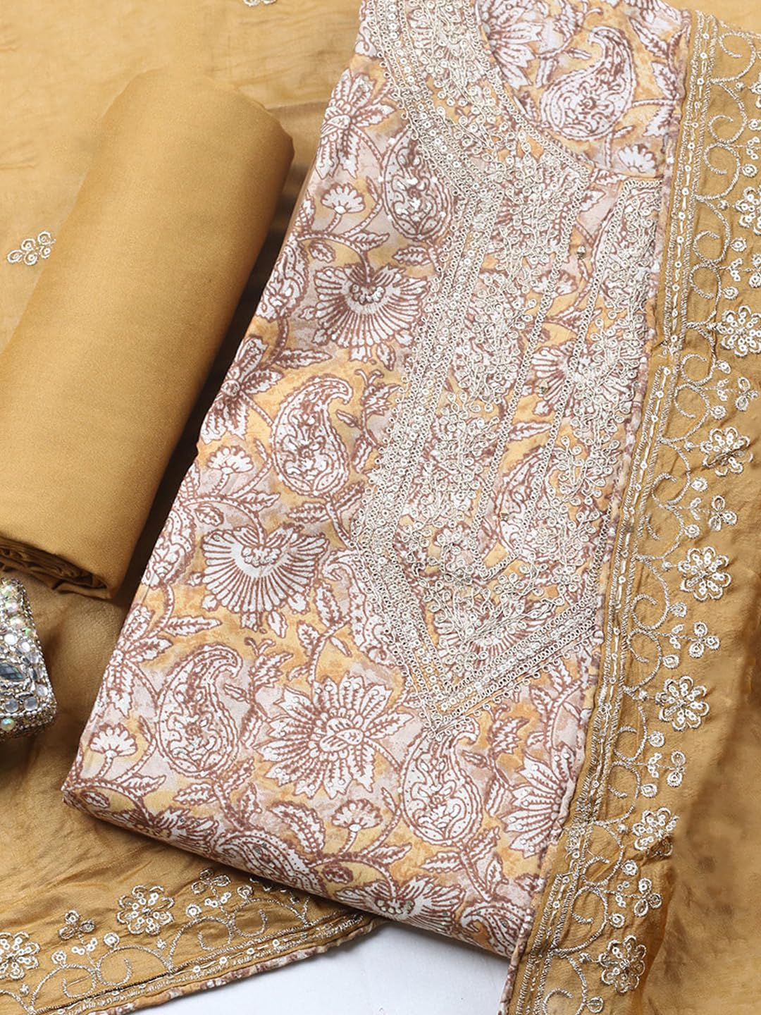 Meena Bazaar Printed Cotton Blend Mustard Unstitched Kurta with Bottom & Dupatta