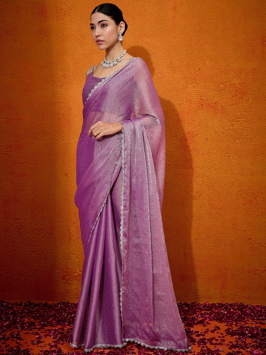 AKHILAM Women's Organza Paisley Embellished Saree With Unstitched Blouse Piece(Mauve_BRYZRKAN1002_SL)