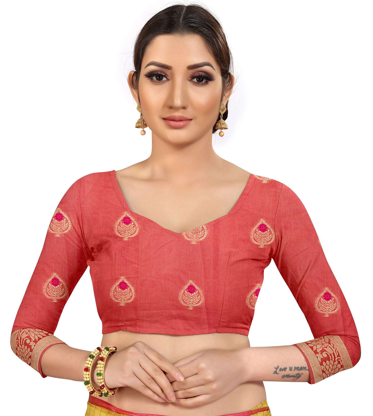 leeza store Women's Pink Cotton Linen Zari Butta Banarasi Saree With Unstitched Blouse Piece