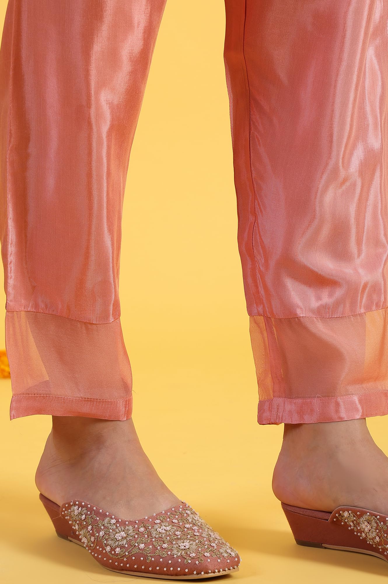 W for Woman Pink Printed Shantung Straight Kurta, Pants and Dupatta Set (Size: XL)-WS12305-112668