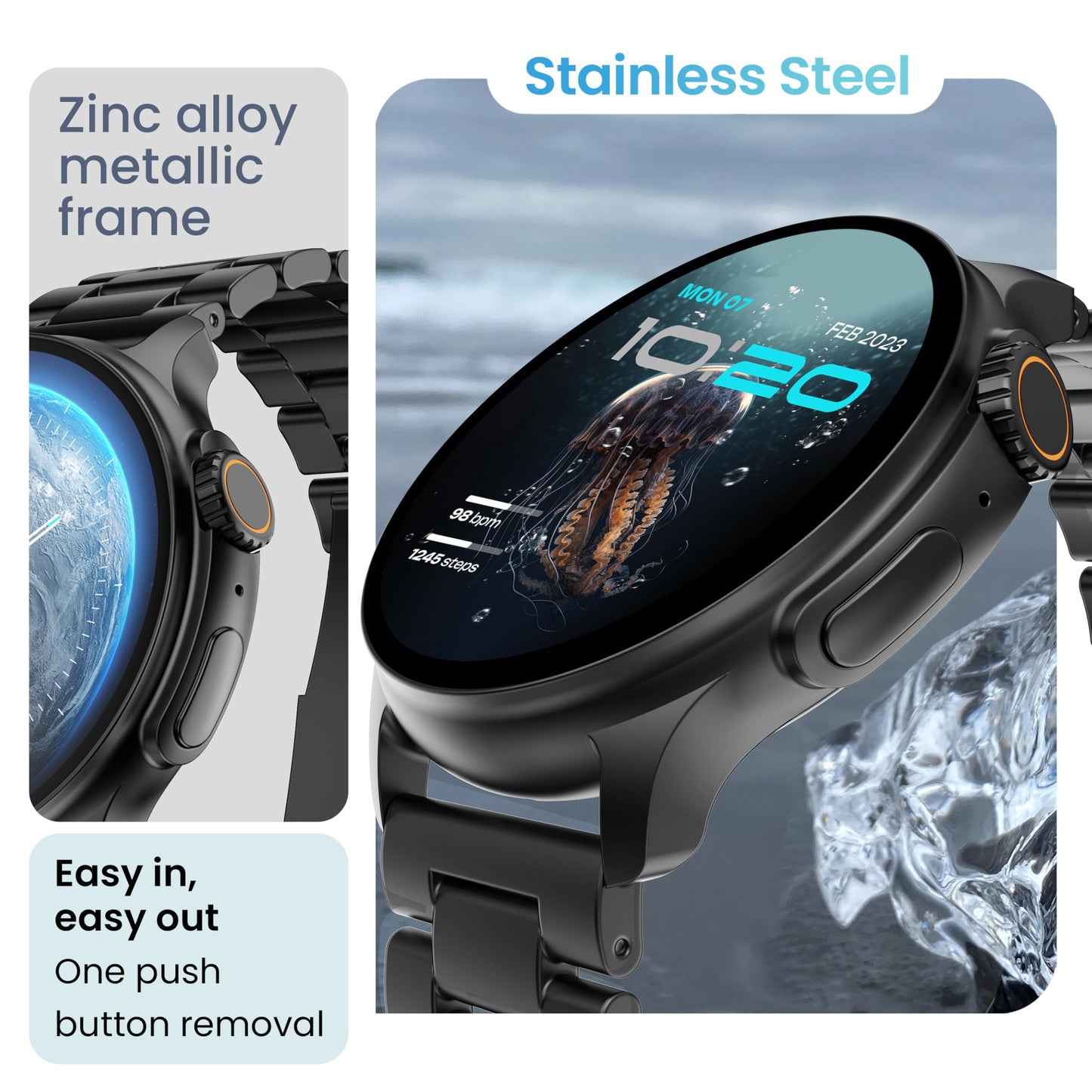GOBOULT Newly Launched Crown R Pro Smart Watch 1.43''HD AMOLED, BT Calling, Working Crown, Zinc Alloy Frame, 600 Nits Brightness, AI Voice Assistant, SpO2 Monitoring, 120+ Sports Mode (Metal Black)