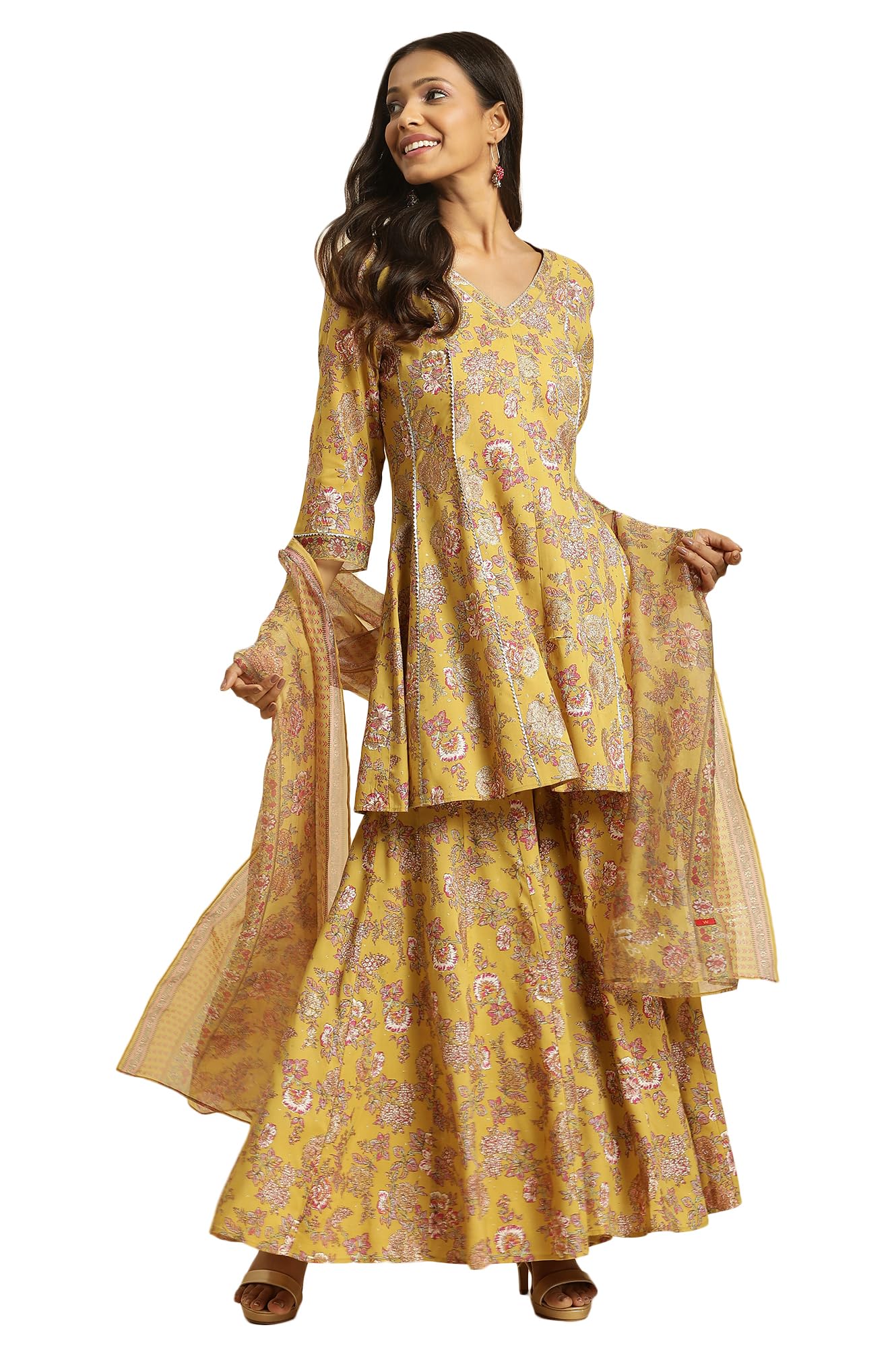 W for Woman Yellow Floral Printed Short Flared Kurta, Sharara And Dupatta Set (Size: 2XL)-23AUWS19717-121051