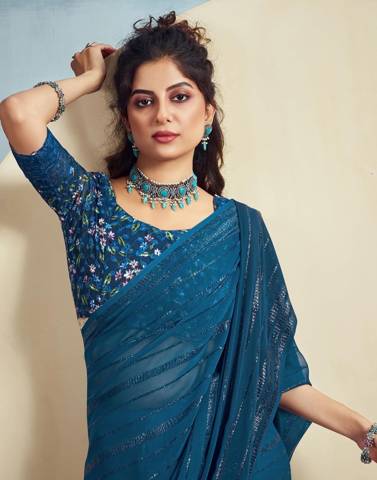SIRIL Women's Georgette Solid Saree With Unstitched Blouse (3473S694_Blue)