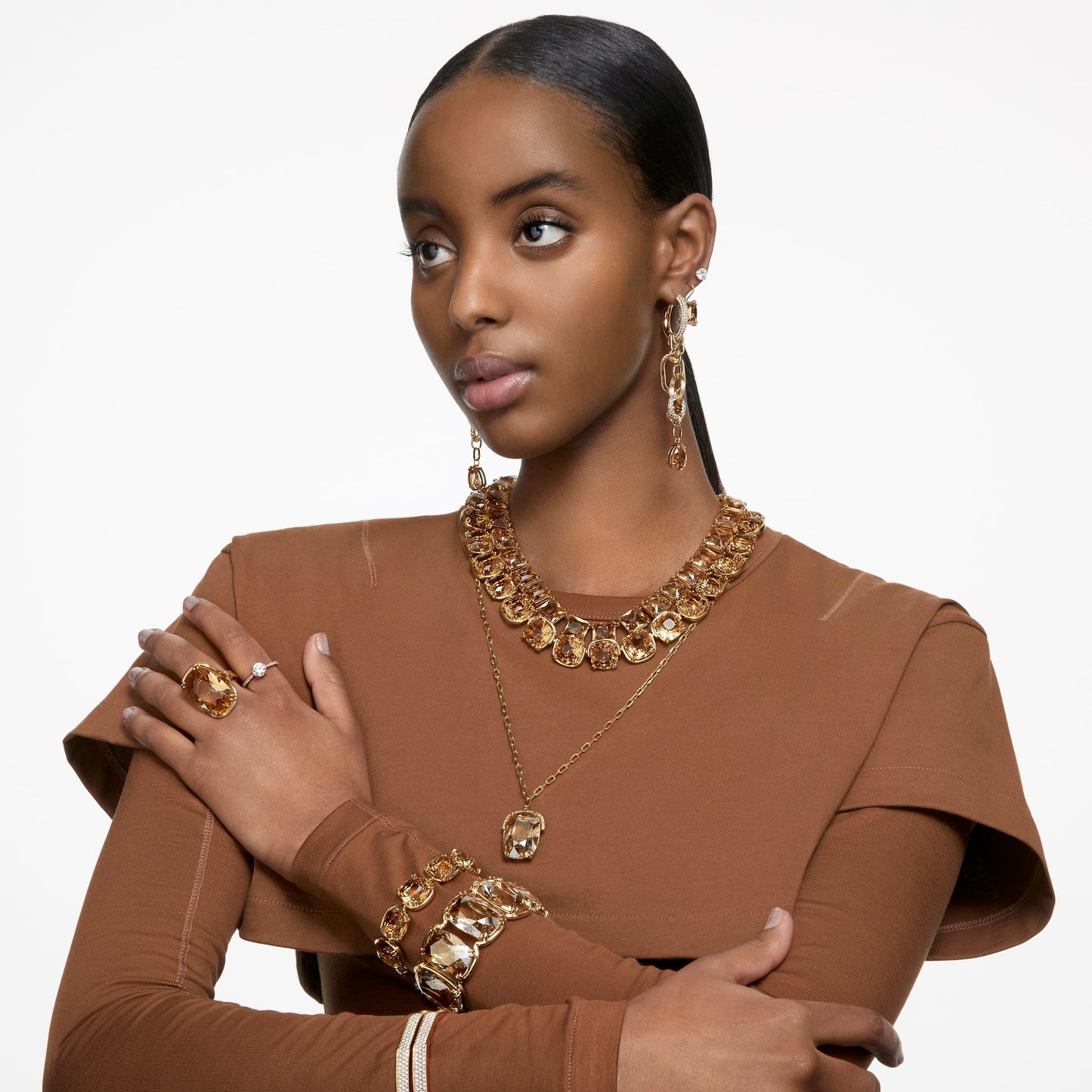 Swarovski Dextera bangle, Octagon shape, White, Gold-tone plated