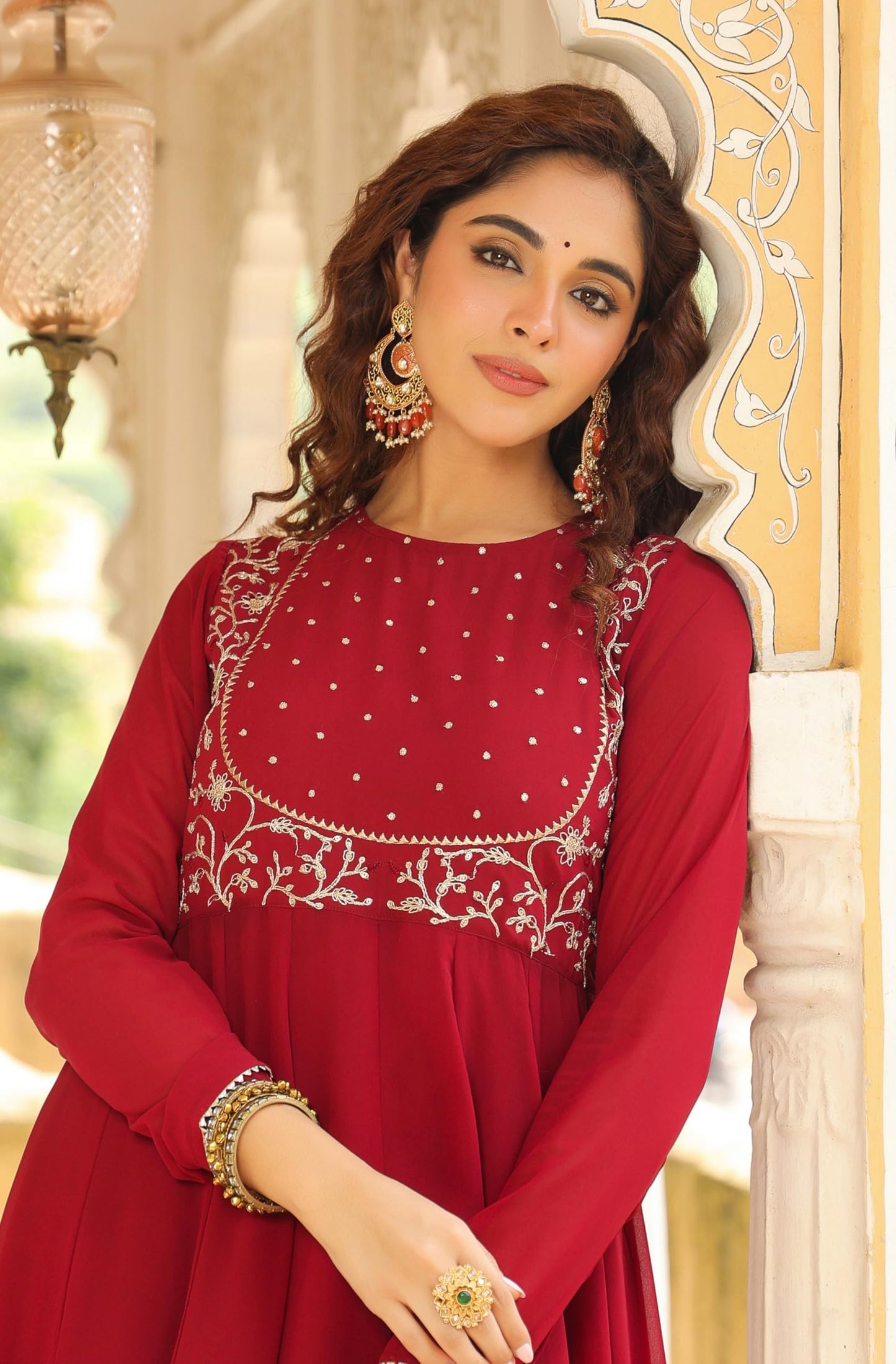Janasya Maroon Embroidered Kurta with Palazzo & Dupatta for Women Georgette Fabric Latest Fashion