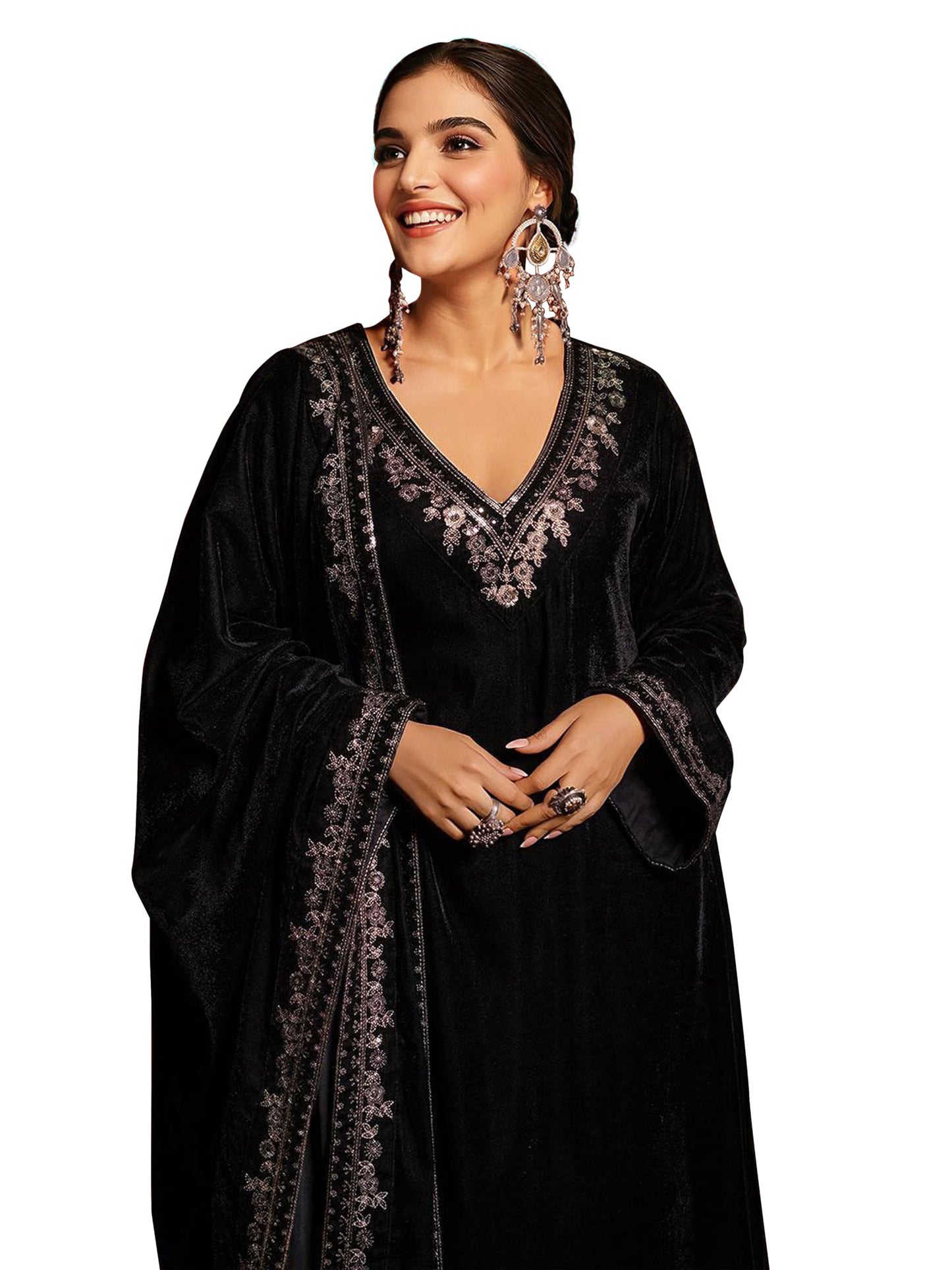 TRENDMALLS Women's Velvet Embroidery Salwar Suit Set Kurta Pant with Dupatta (G322-Black-XL-)