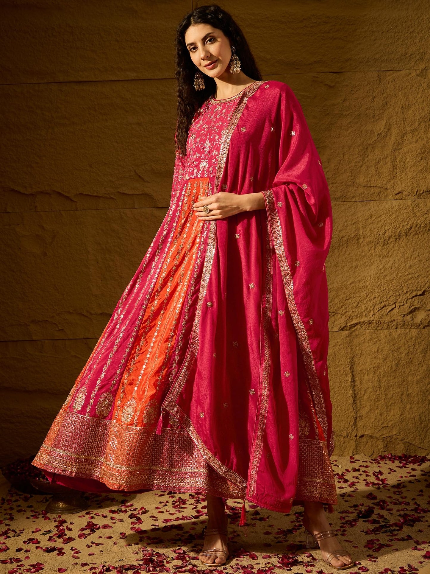 Miss Ethnik Women's Pink Chinon Stitched Gown With Dupatta 3/4 Sleeve Embroidered Anarkali Gown (MEY-1231-Pink-L)