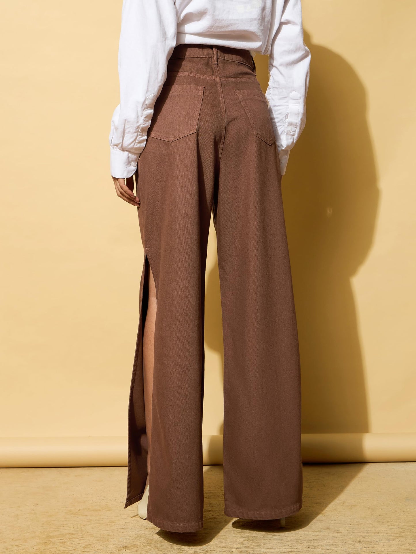 barcino Side Slit Wide Leg Jeans Brown