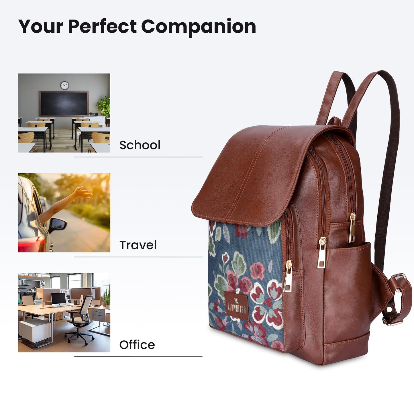 THE CLOWNFISH Minerva Faux Leather & Tapestry Women's Standard Backpack College School Bag Casual Travel Standard Backpack For Ladies Girls (Persian Blue- Floral), 10 Litre