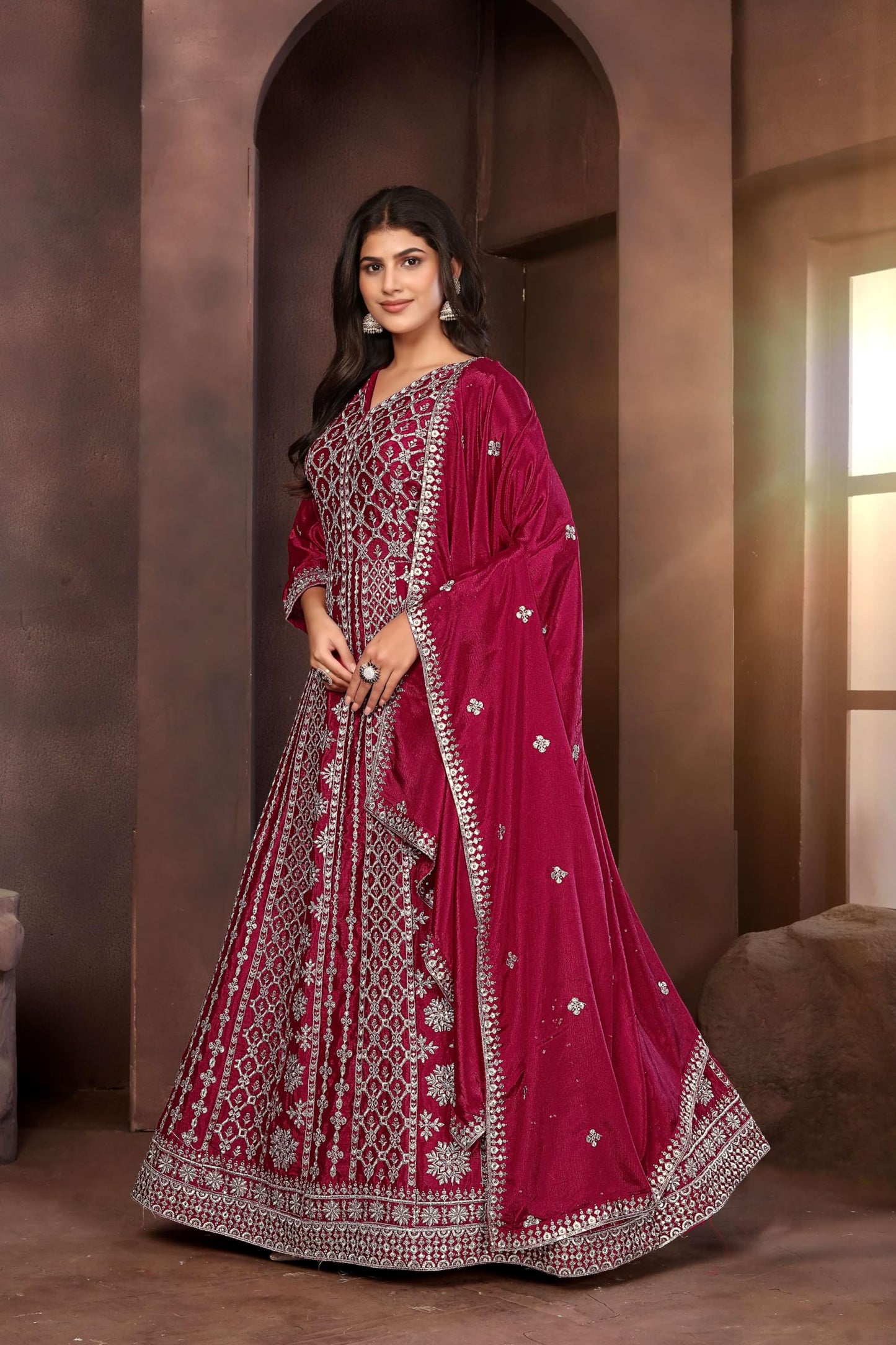 Miss Ethnik Women's Maroon Chinon Stitched Gown with Dupatta Full Sleeve Embroidered A-Line Gown (ME-1236-Maroon-M)