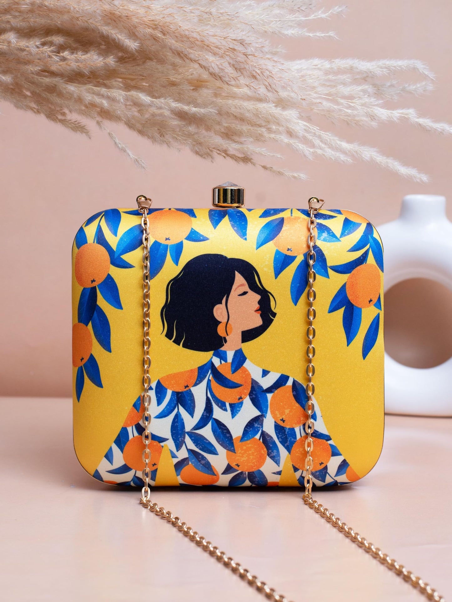 Artklim Yellow Citrus Bloom Diva Clutch for Women & Girls - Modern Box Sling Bag - Hard Case Handcrafted Evening Purse Daily Outings with Detachable Chain Strap - Gift for Woman