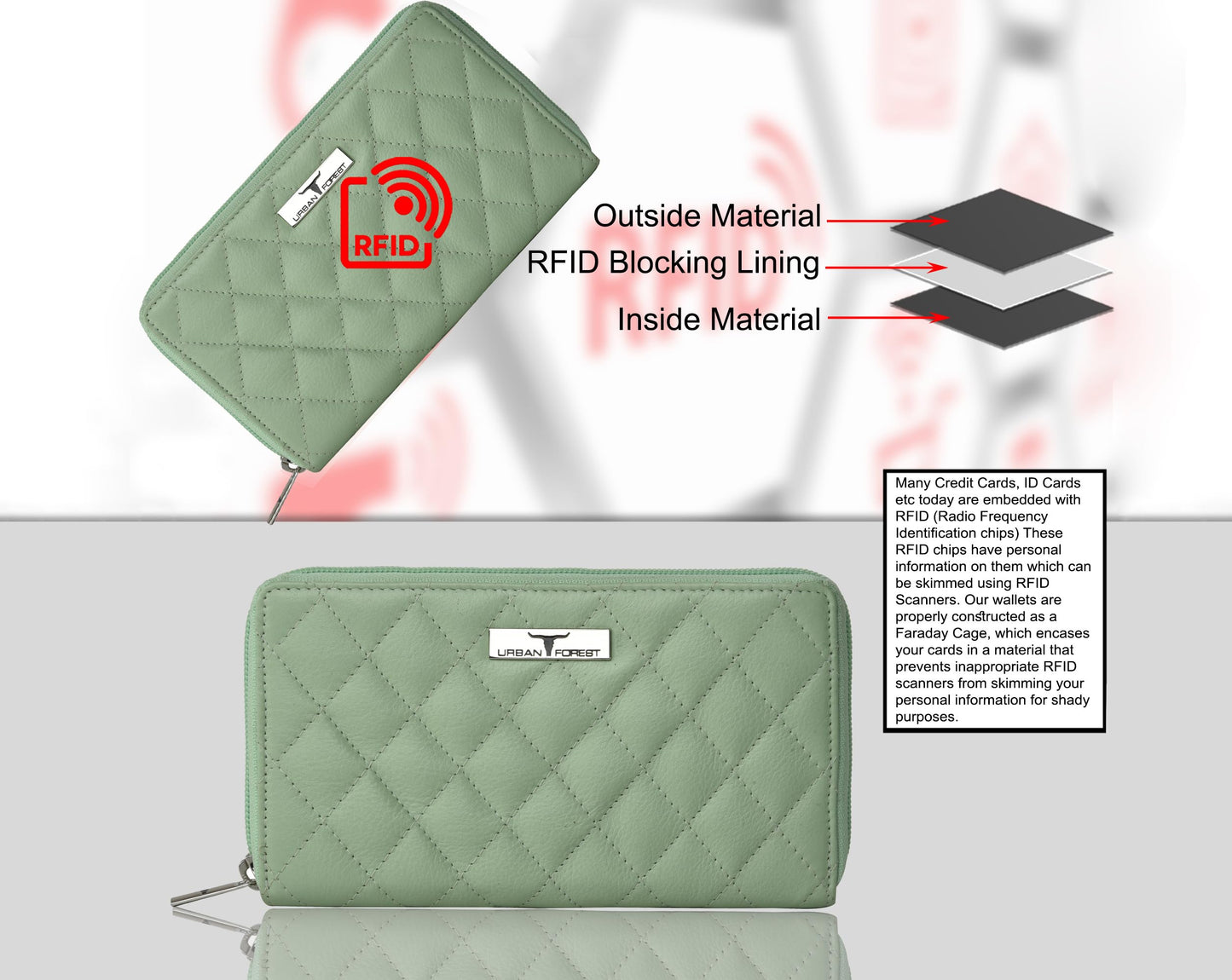 URBAN FOREST Grace Quilted Mint Green Leather Wallet/Clutch for Women