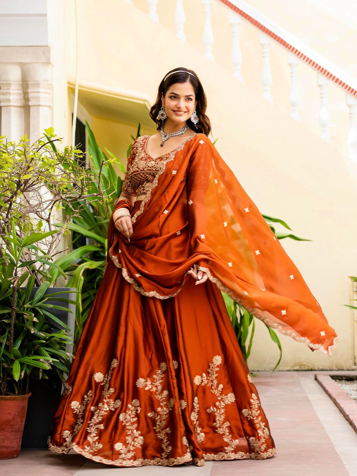 JIHU CULTURE Orange Silk Zari Sequence Embroidery Work Semi Sttiched Lehenga Choli For Women's.