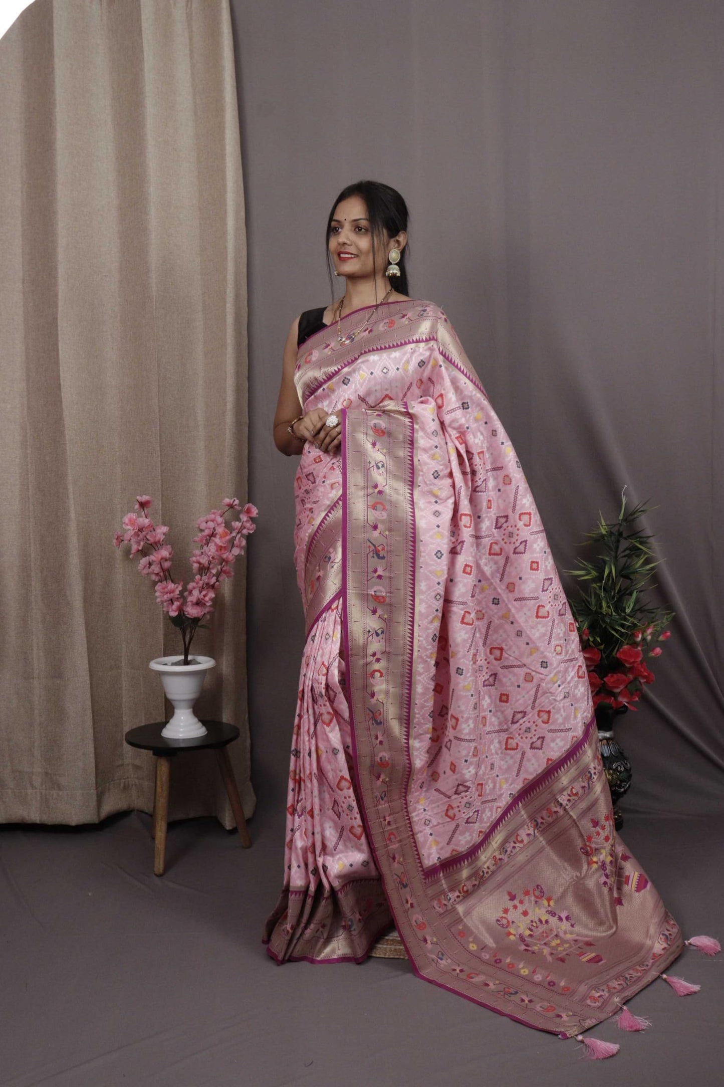 Pandadi Saree Women's Baby Pink Pure Soft Kanchivaram Paithani Silk saree With Unstitched Blouse Piece