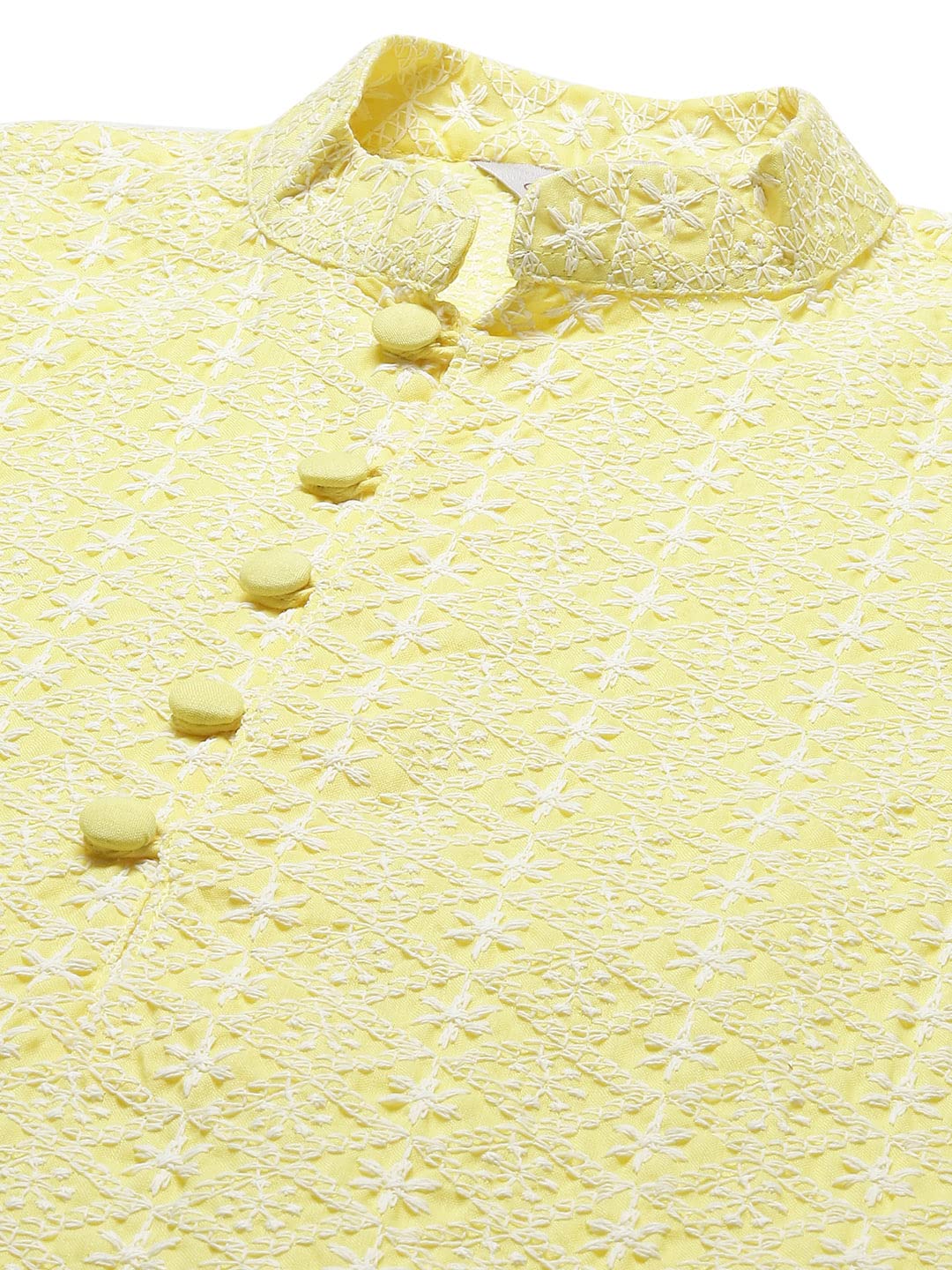 Jompers Men's Yellow & White Embroidered Straight Kurta Pyjama Set. (Yellow, L)