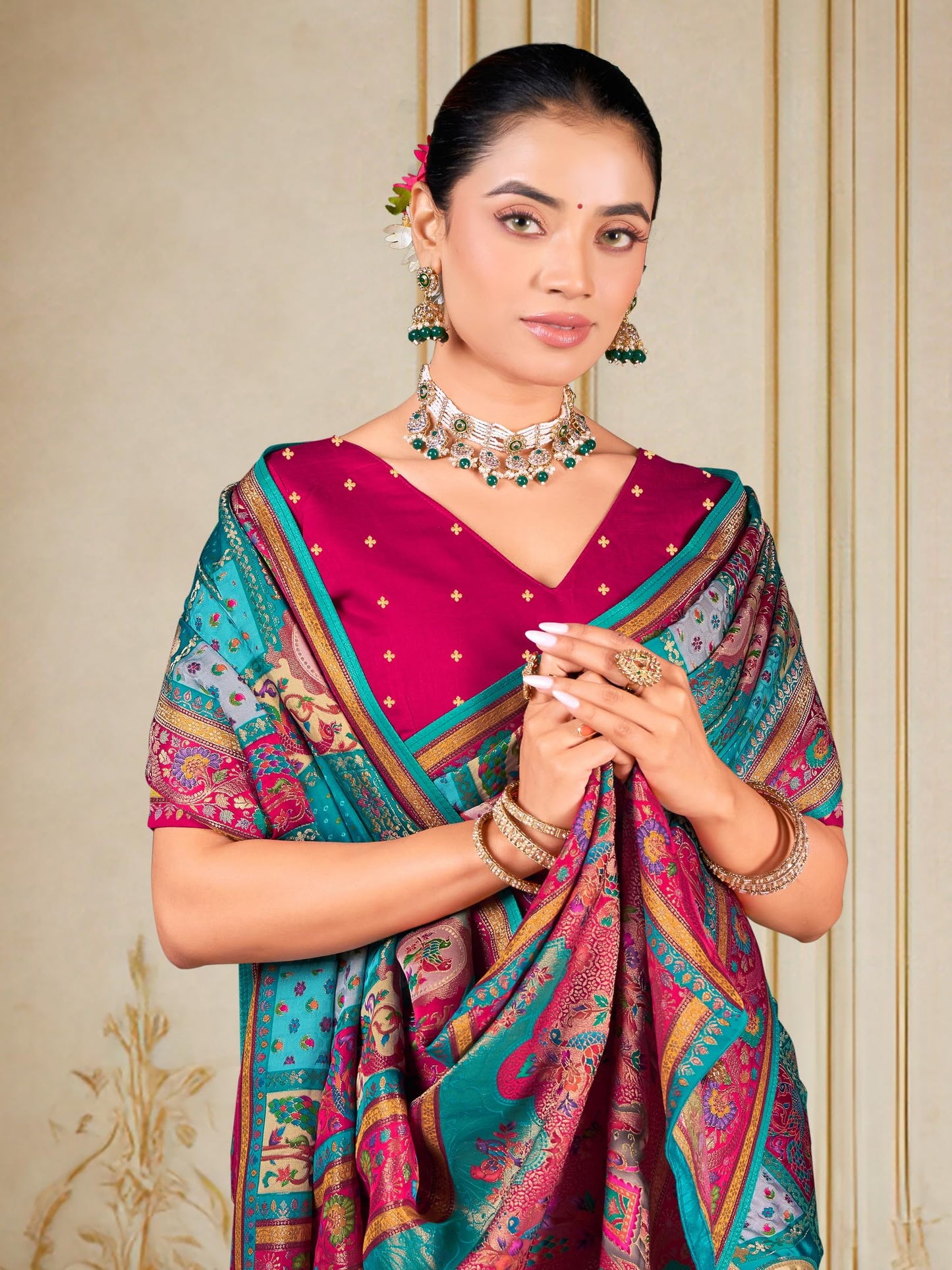Glory Sarees Women’s Luxurious Dola Satin Pure Silk Original Saree Position Print Work Madhubani Inspired Motifs Banarasi Kanjivaram Style Saree With Blouse Piece (Elegant104_Rama)