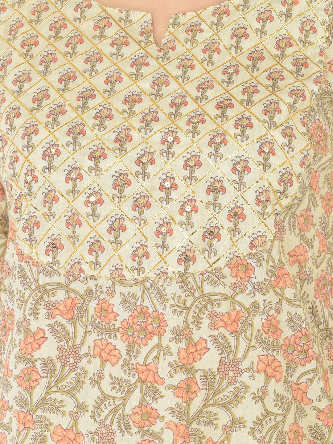 Pistaa's Women Cotton Straight Printed Suit Set (Cream, Large)