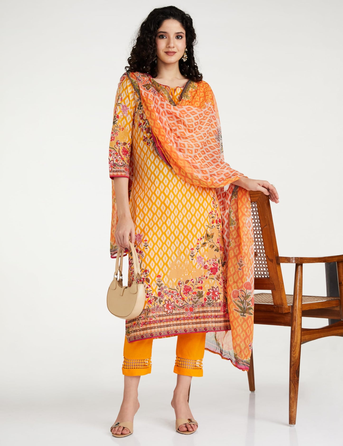 BIBA Cotton Women's Printed Narrow Salwar Kurta Dupatta(Skdikat Bag7483_Yellow_34)
