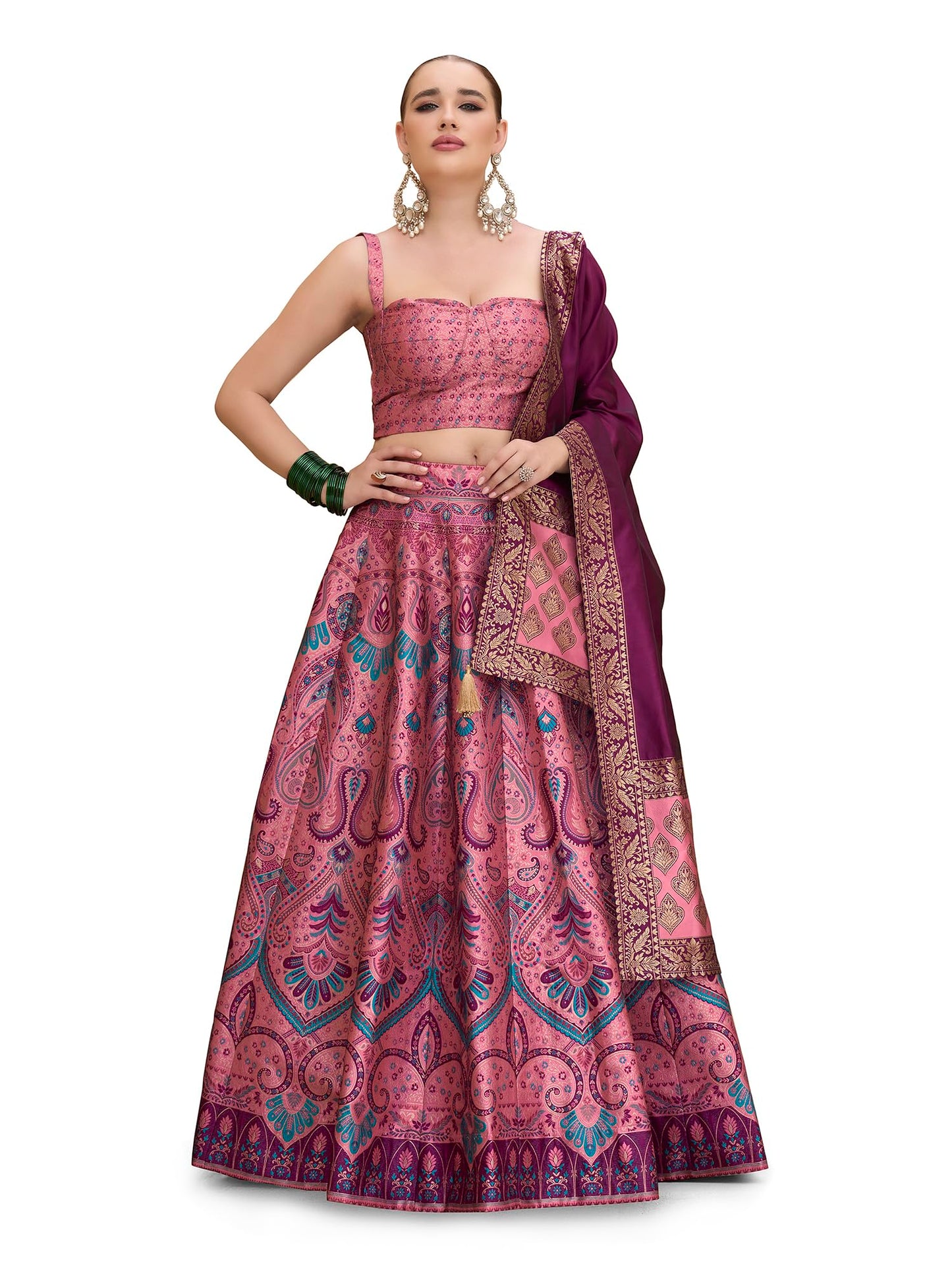 PURVAJA Women's Kanjiwaram Semi-Stitched Lehenga choli (Lazya-Pink_Free Size)
