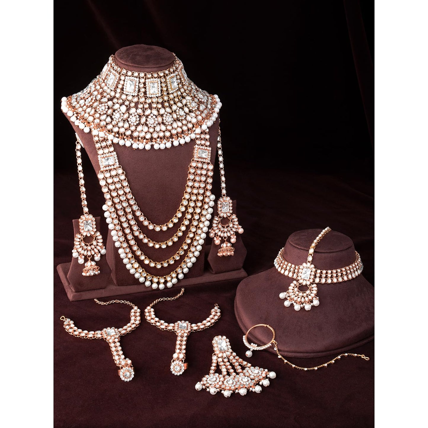 Peora Rose Gold Plated Kundan Crystal & Beads Studded Bridal Necklace Earrings Maangtikka Paso Hath Panja Nathiya Jewellery Set for Women